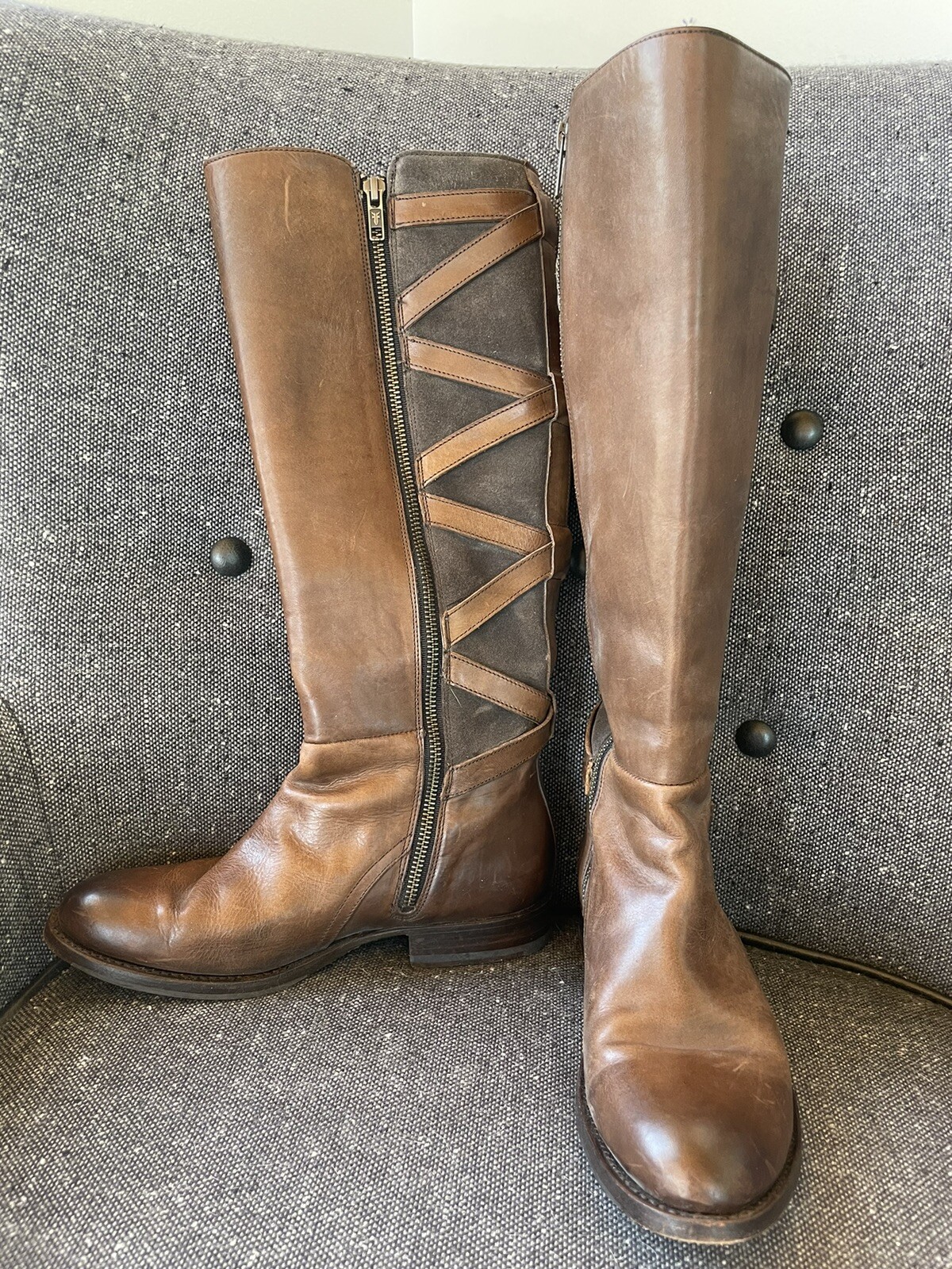 EUC Frye Jordan strappy brown and charcoal leather riding boots size US 7