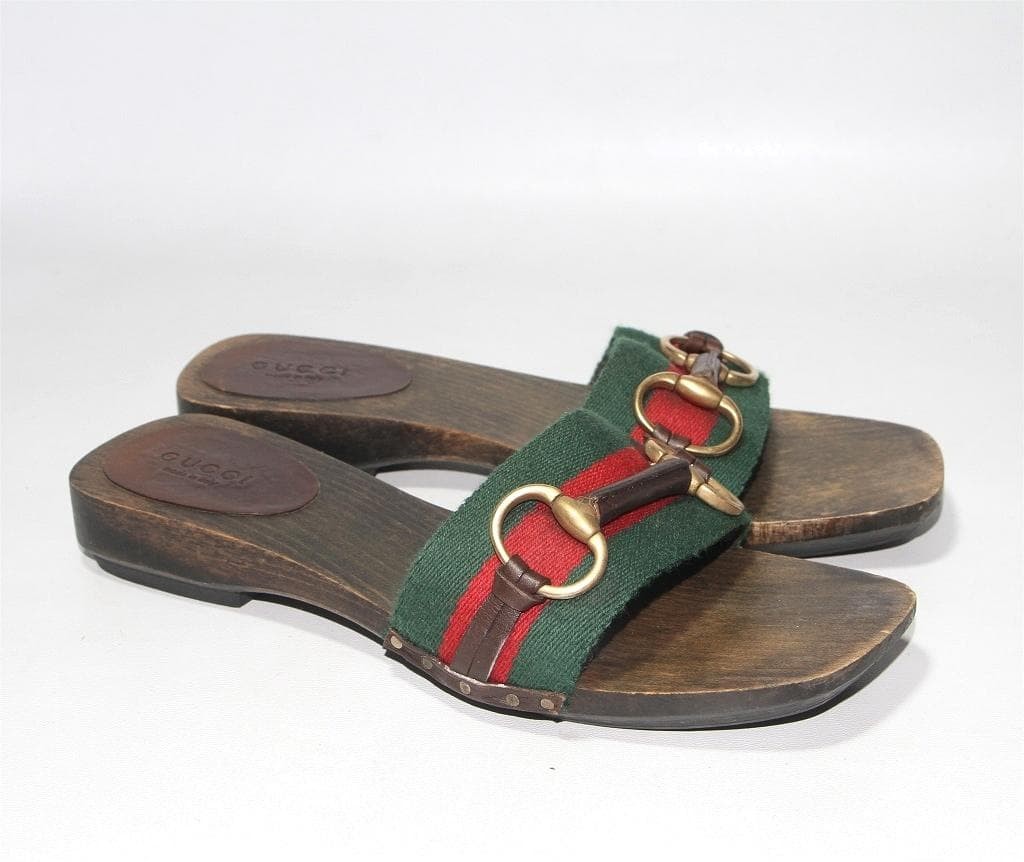 GUCCI Horsebit Mules Sandals Green Red Web Wood Sole Canvas Leather 35 US 5