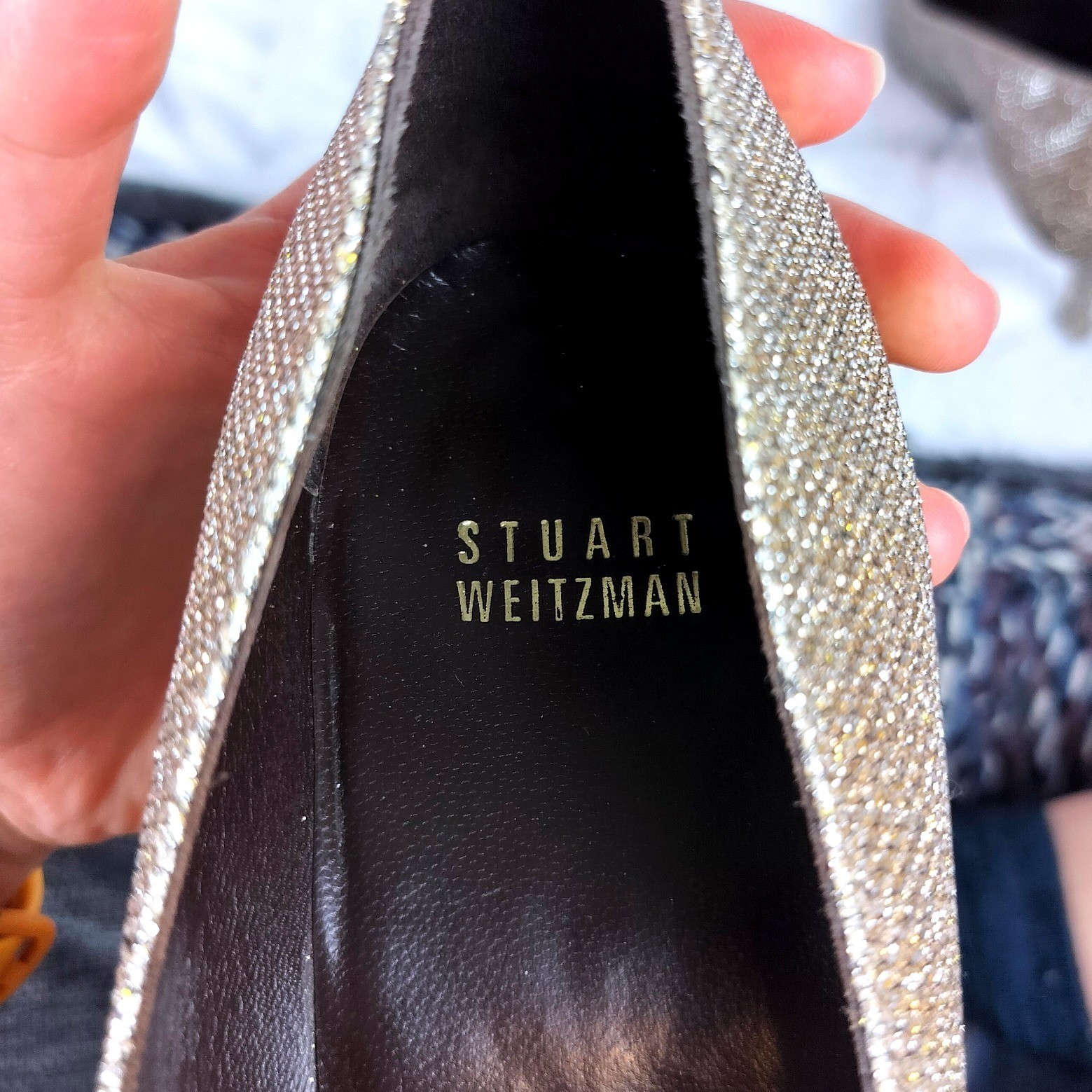 Stuart Weitzman Metallic Mesh Peep Toe Pumps Sparkly Gold Stiletto Heels
