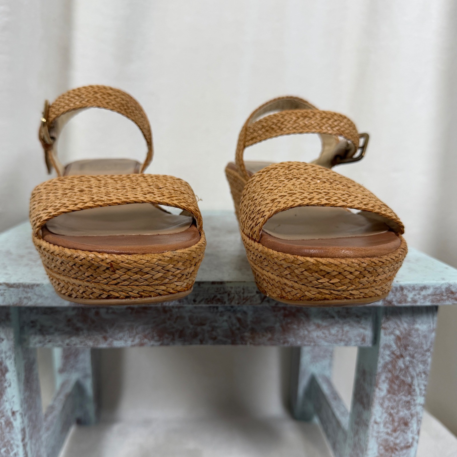 Stuart Weitzman Barbados Wedge Sandals Women 5.5 Tan Woven Platform Ankle Strap