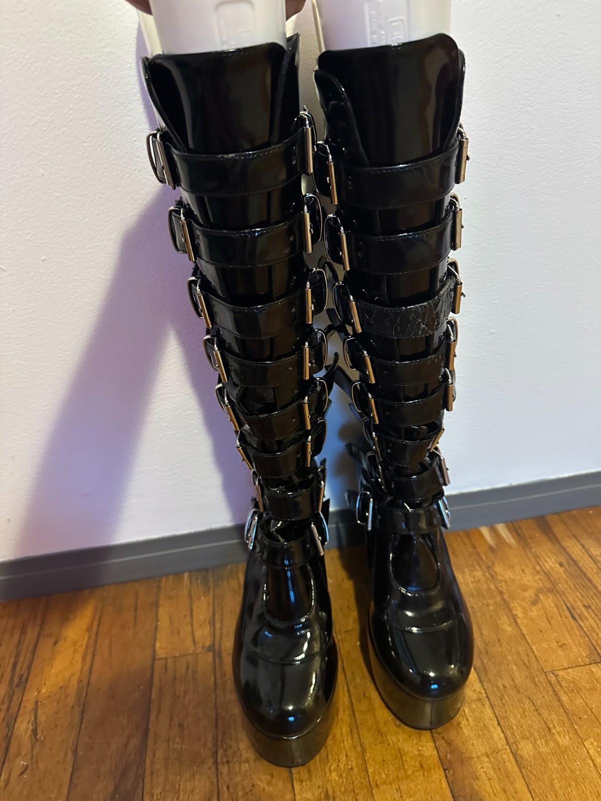 Demonia knee-high Patent Leather Boots, s8, silver hardware adjustable buckles
