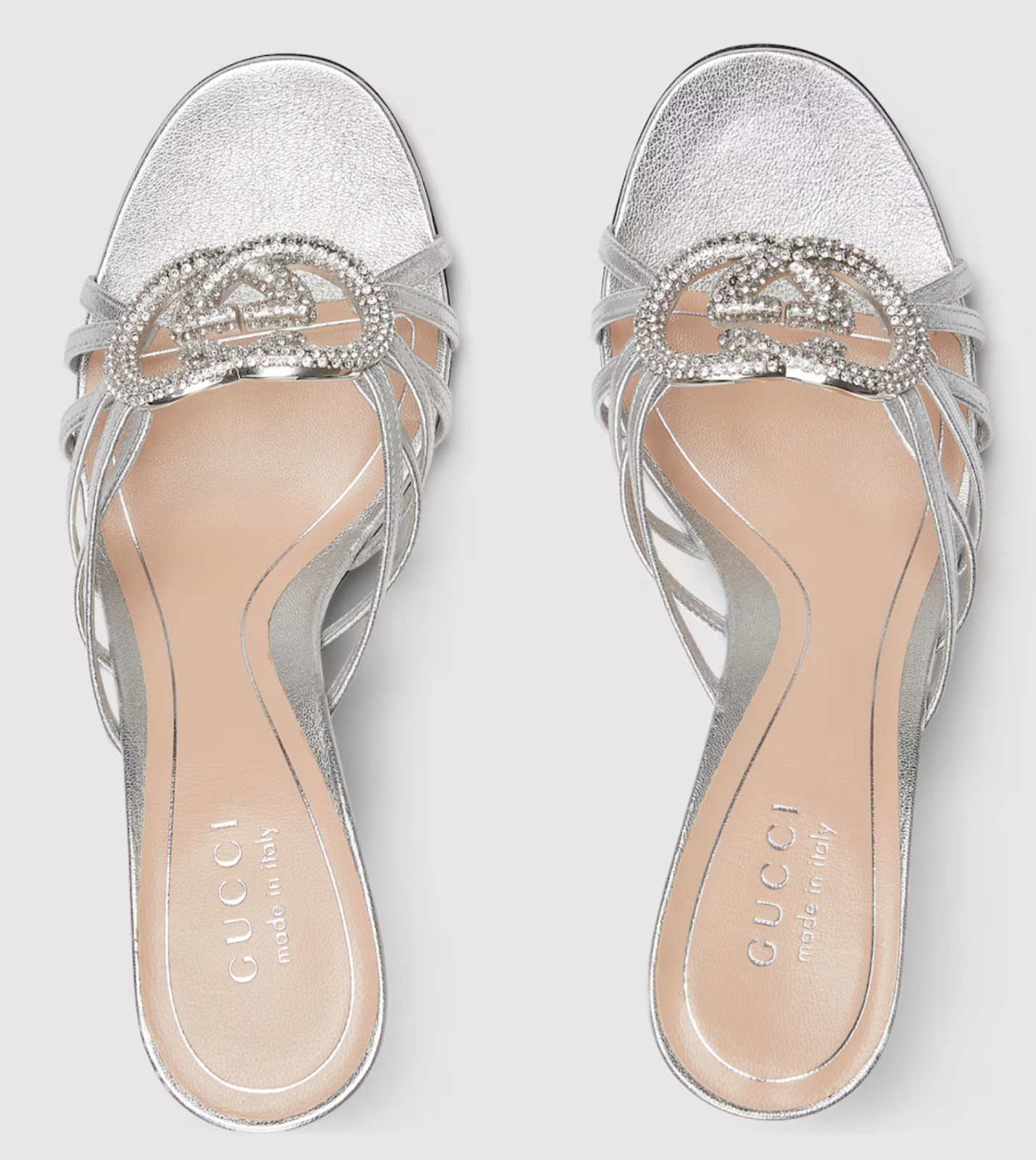 Gucci Interlocking G 85mm Silver Leather Crystal GG Logo Heel Mule Sandal 40