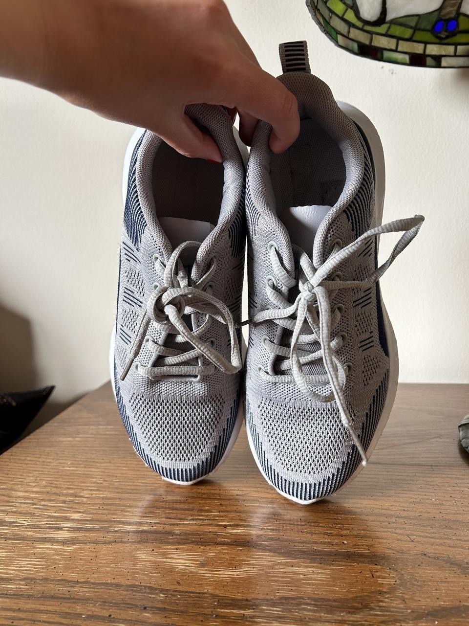 Lifestyle striped sneakers in grey & blue. Cute for walking, casual, gym 8.5