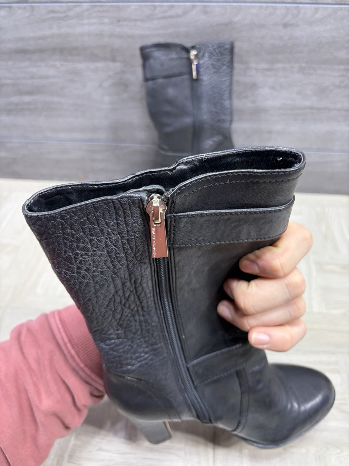 Vince Camuto Callison Buckle and Zipper Women 5.5 Black Leather Mid Calf Boots
