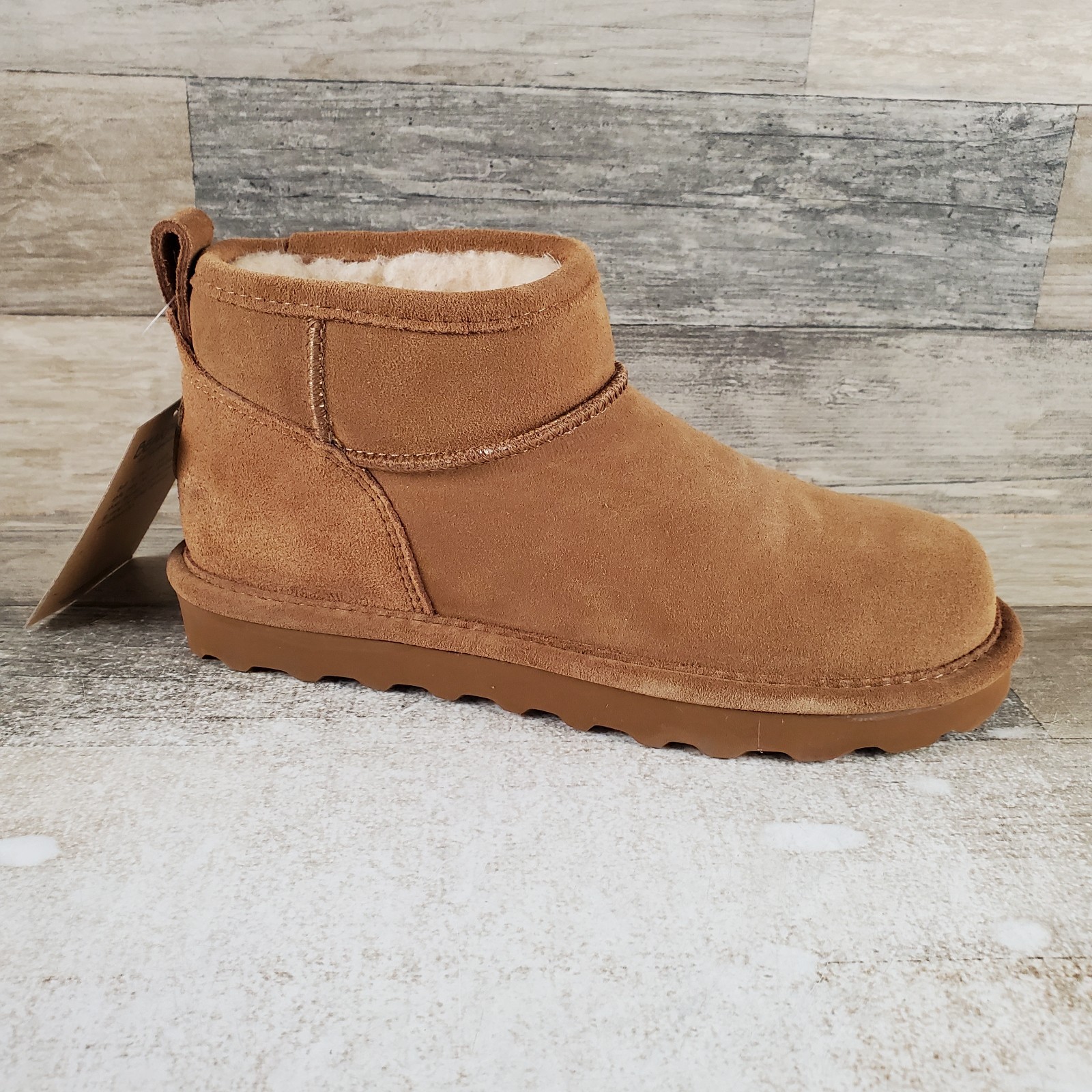 Bearpaw Shorty Womens Ankle Boots Sz 7 Hickory Suede Faux Fur Lined Round Toe