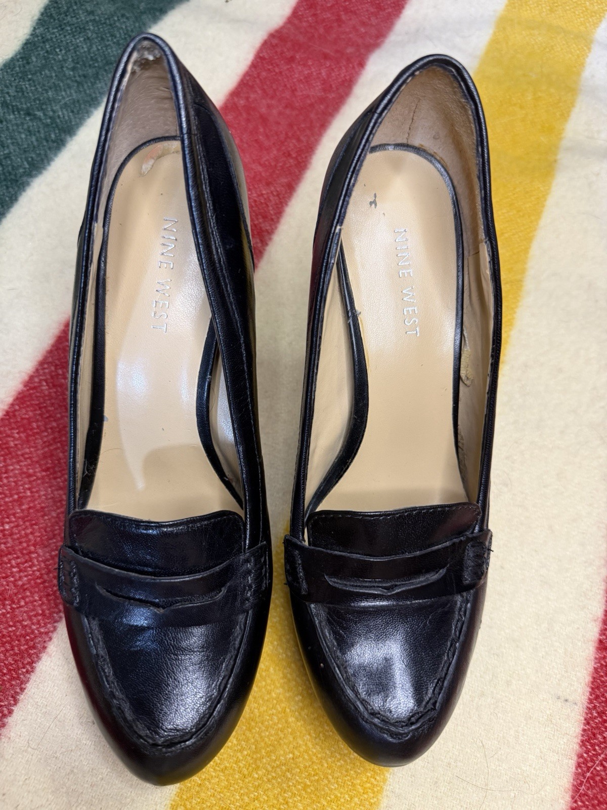 Nine West Black Leather Penny Loafer Stiletto Heel Pumps Size 7