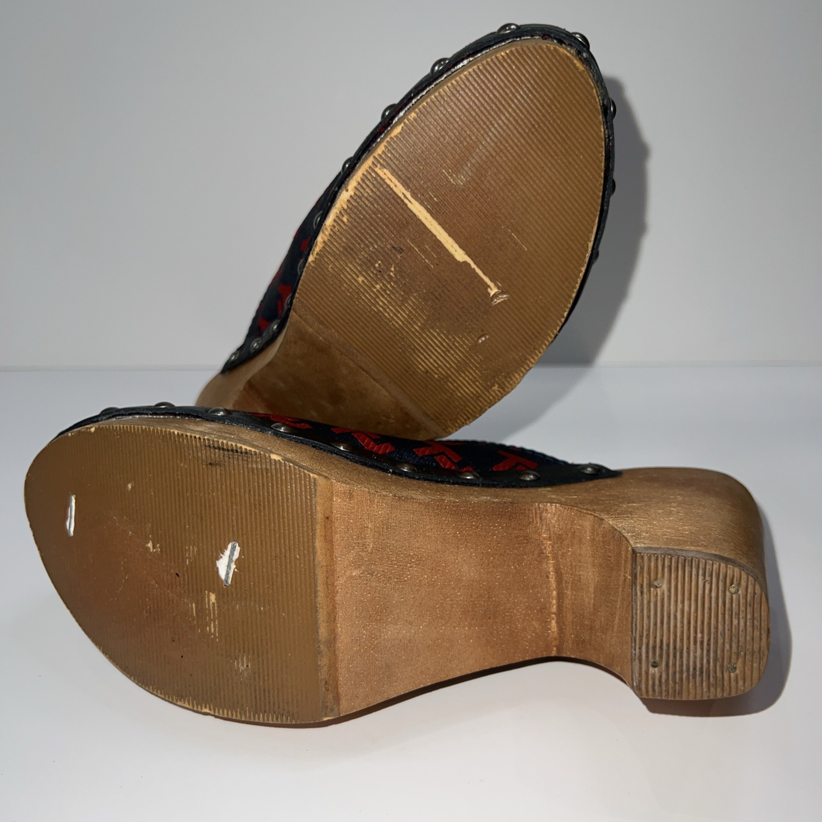 Vintage Tommy Hilfiger TH Monogram Canvas Wood Clog Mules Y2K Womens 5M Brazil