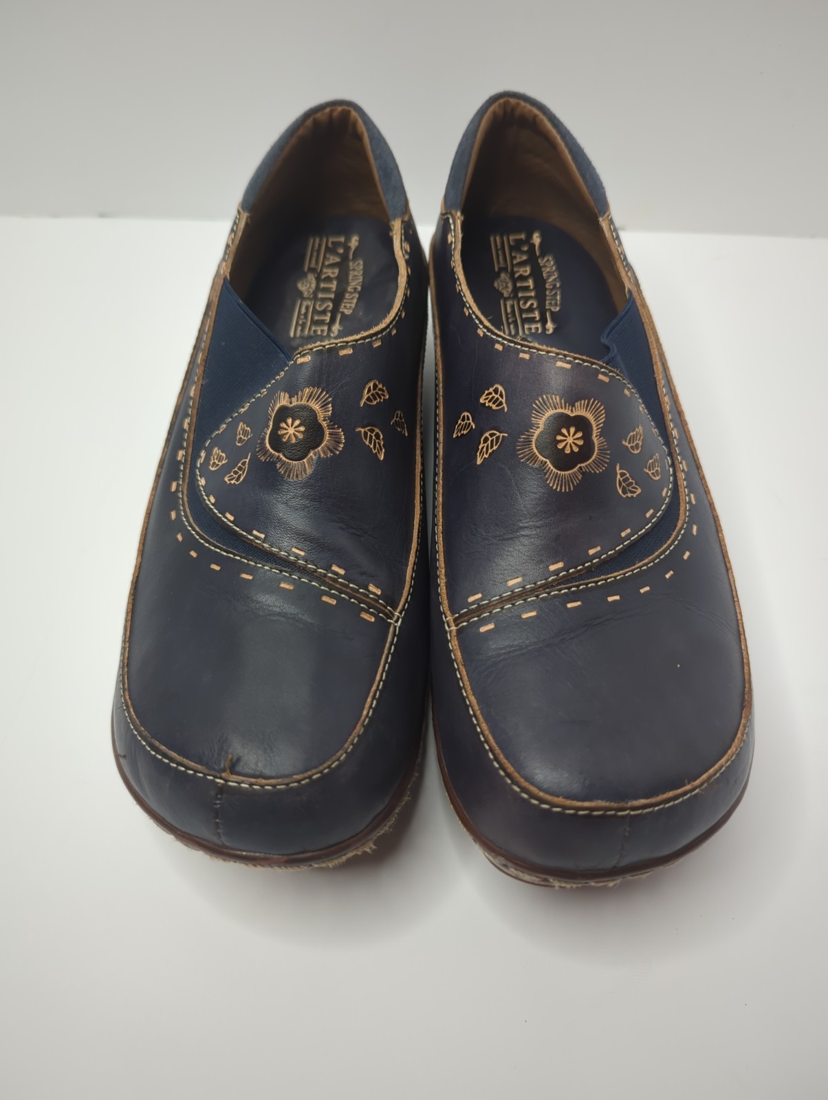 L’Artiste Spring Step Burbank Clogs 41 Mules Navy Blue Tooled Leather Boho 9.5