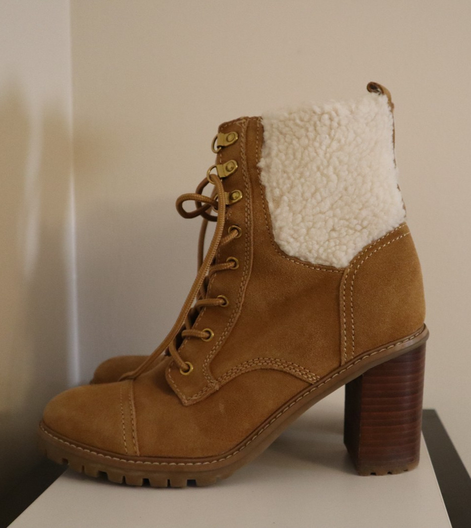 NINE WEST Boots 8 M Phaedra Lace-Up Suede Block High Heel Combat Natural Brown