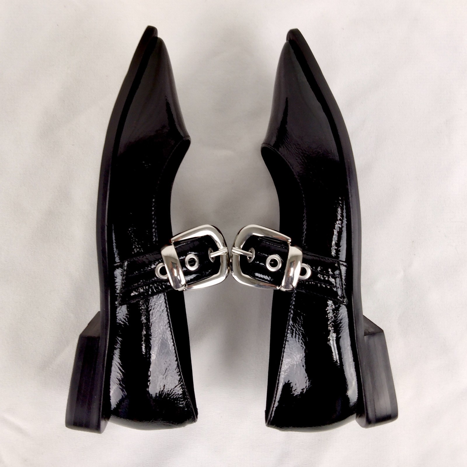 Maeve Pointed-Toe Moto Mary Jane Flats – Black Patent Leather – Size 38 US 7.5