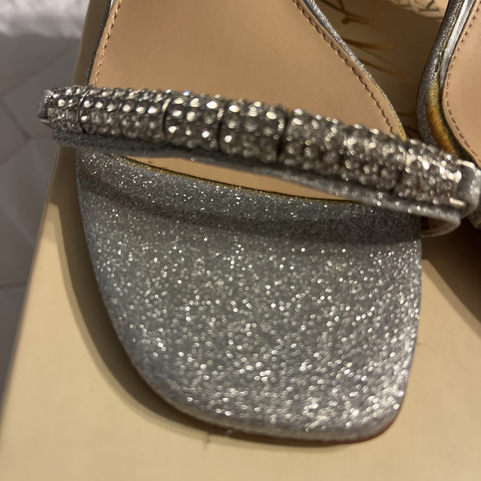 JEWEL BADGLEY MISCHKA Women’s Charlee Embellished Glitter Block Heel Sandals