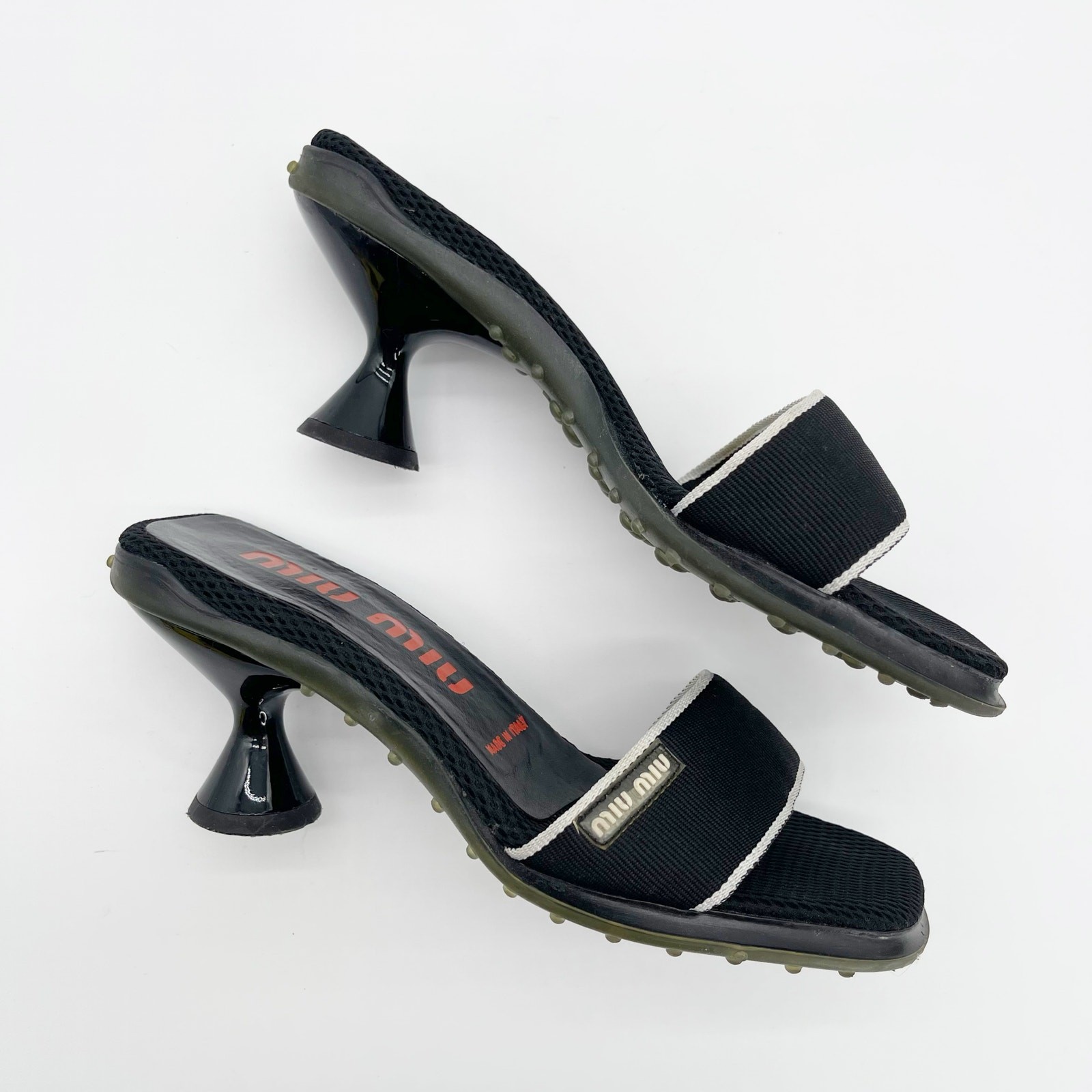 Miu Miu 90s y2k Black Mesh Logo Bubble Sole Kitten Heel Mules Slides IT 36.5