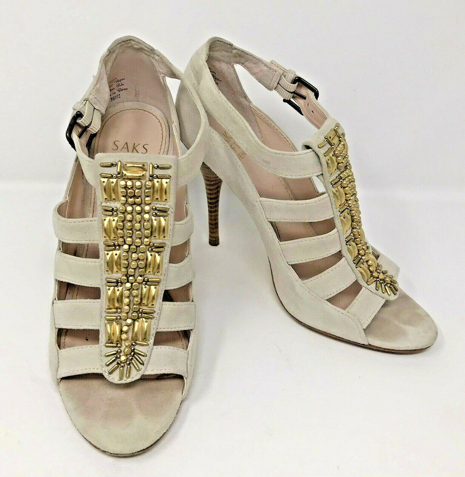 Saks Fifth Avenue Leather Lona Peep Toe Shoes Heels Womens US 6.5 EU 36 1/2 Bone