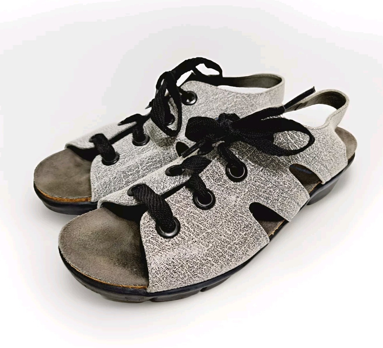 Wolky Woman’s Size 9 Alula Slingback Open Toe Lace Up Stone Gray Sandals