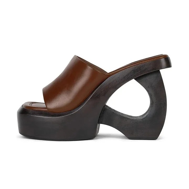 Brown Open Square Toe Cutout Wedge Heel Platform Slide Sandals FSJ202511089B-3
