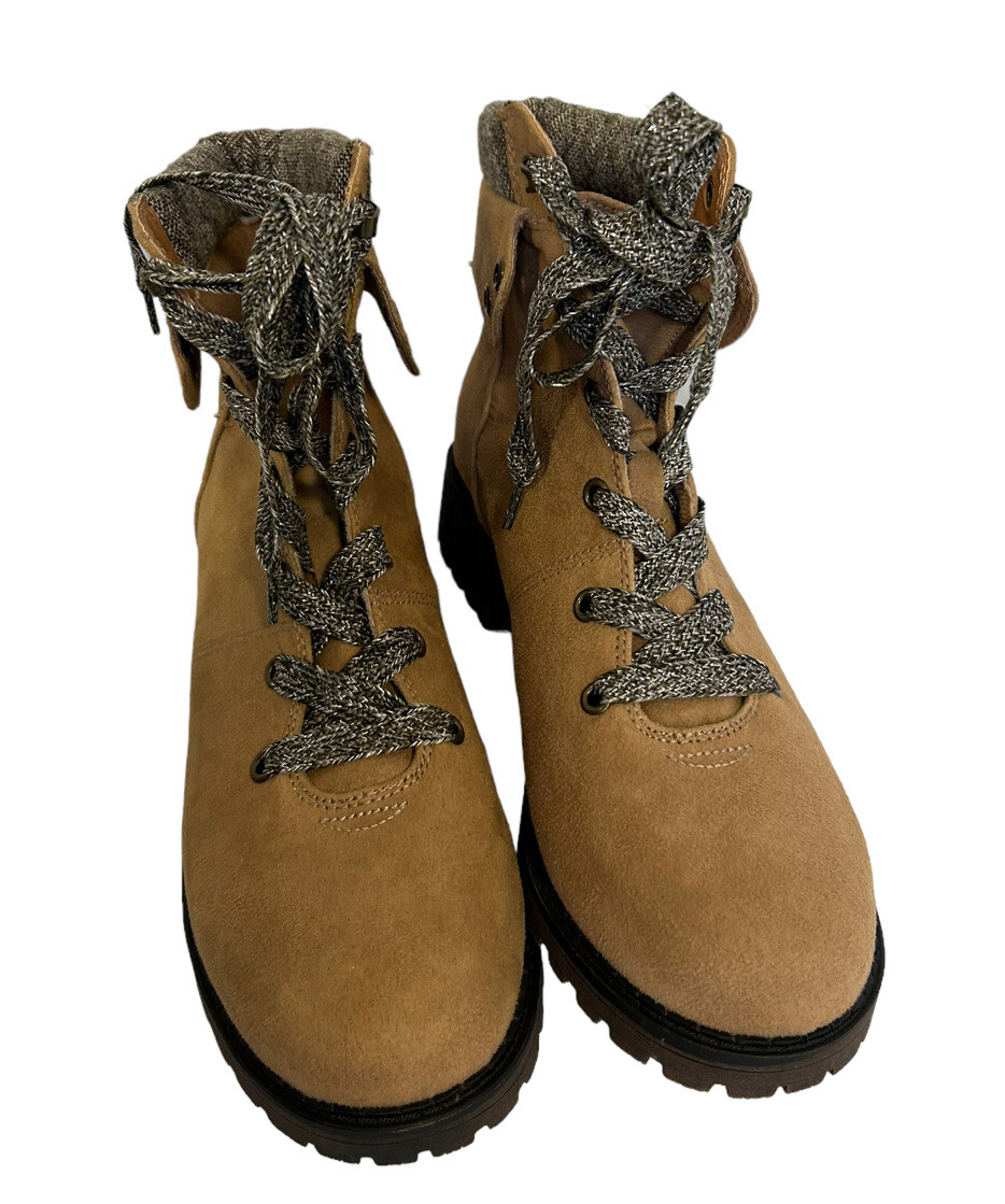 Jelly POP Tania Hiking Boots Tan Vegan Suede Lace Up Low Heel Size 10 New