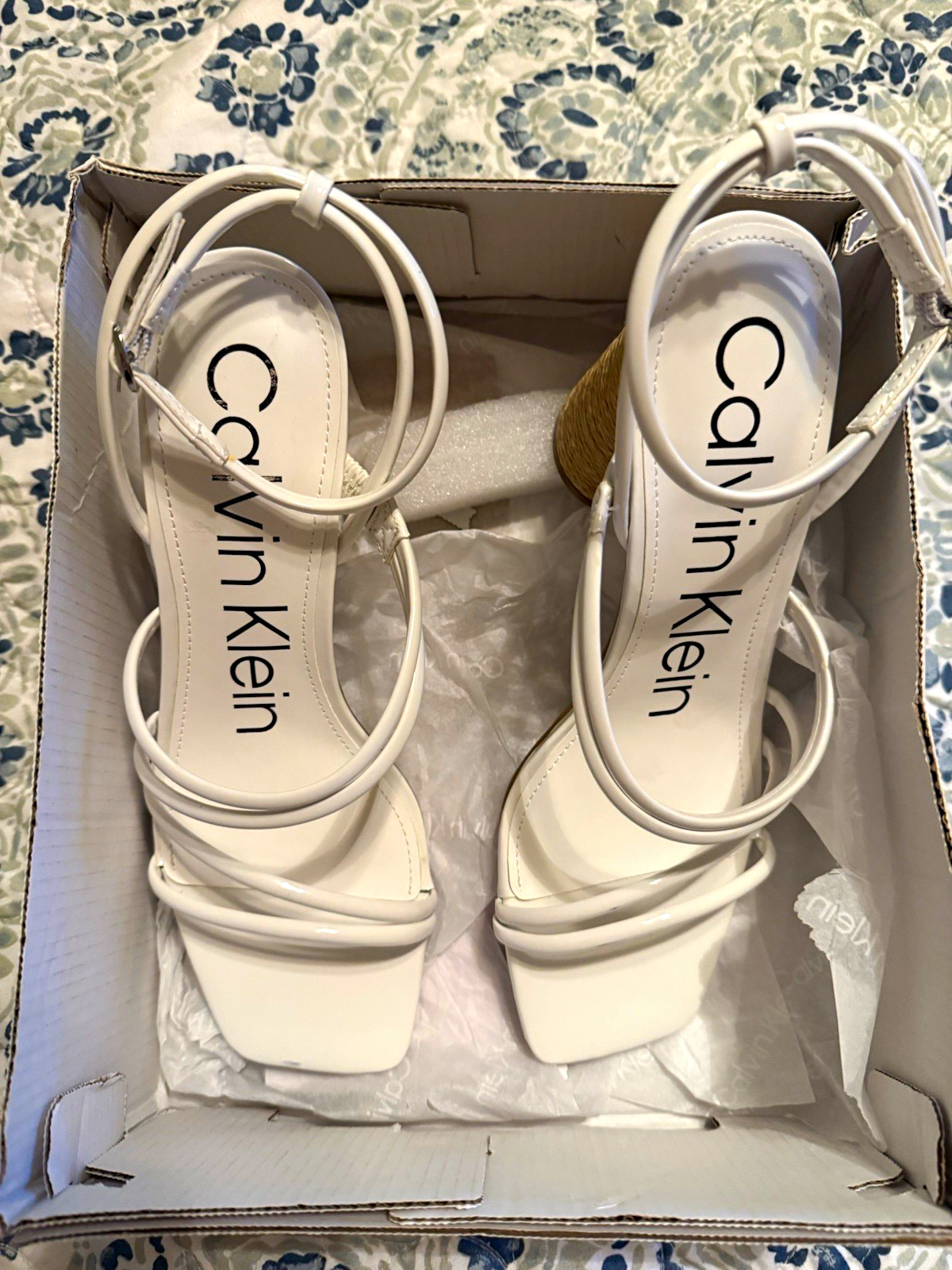 Calvin Klein Women’s White Strappy Ankle Strap Block Heel Sandals 8.5