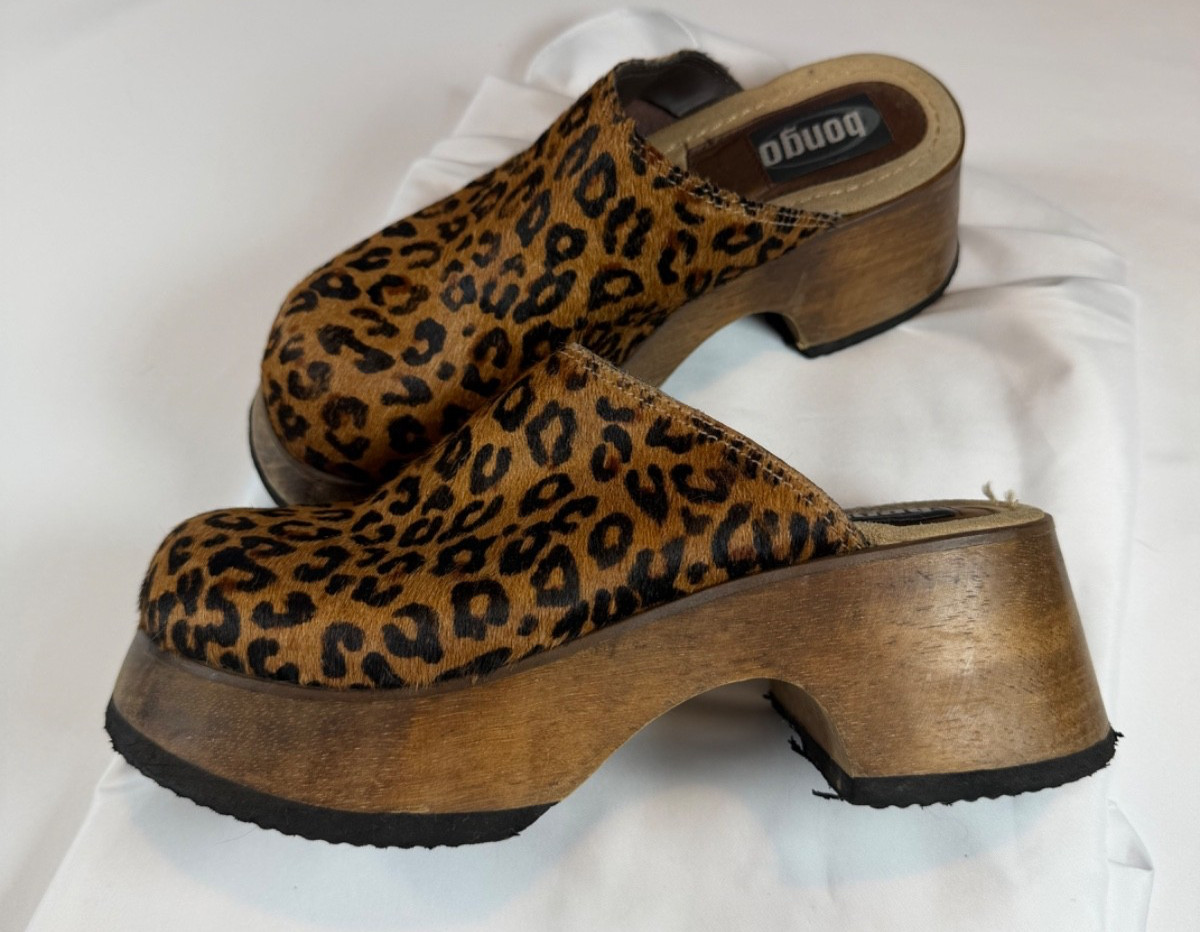 Womens 9 Bongo Leopard Platform Clog Mules Wood Slip On Shoes Y2K Vintage Rare