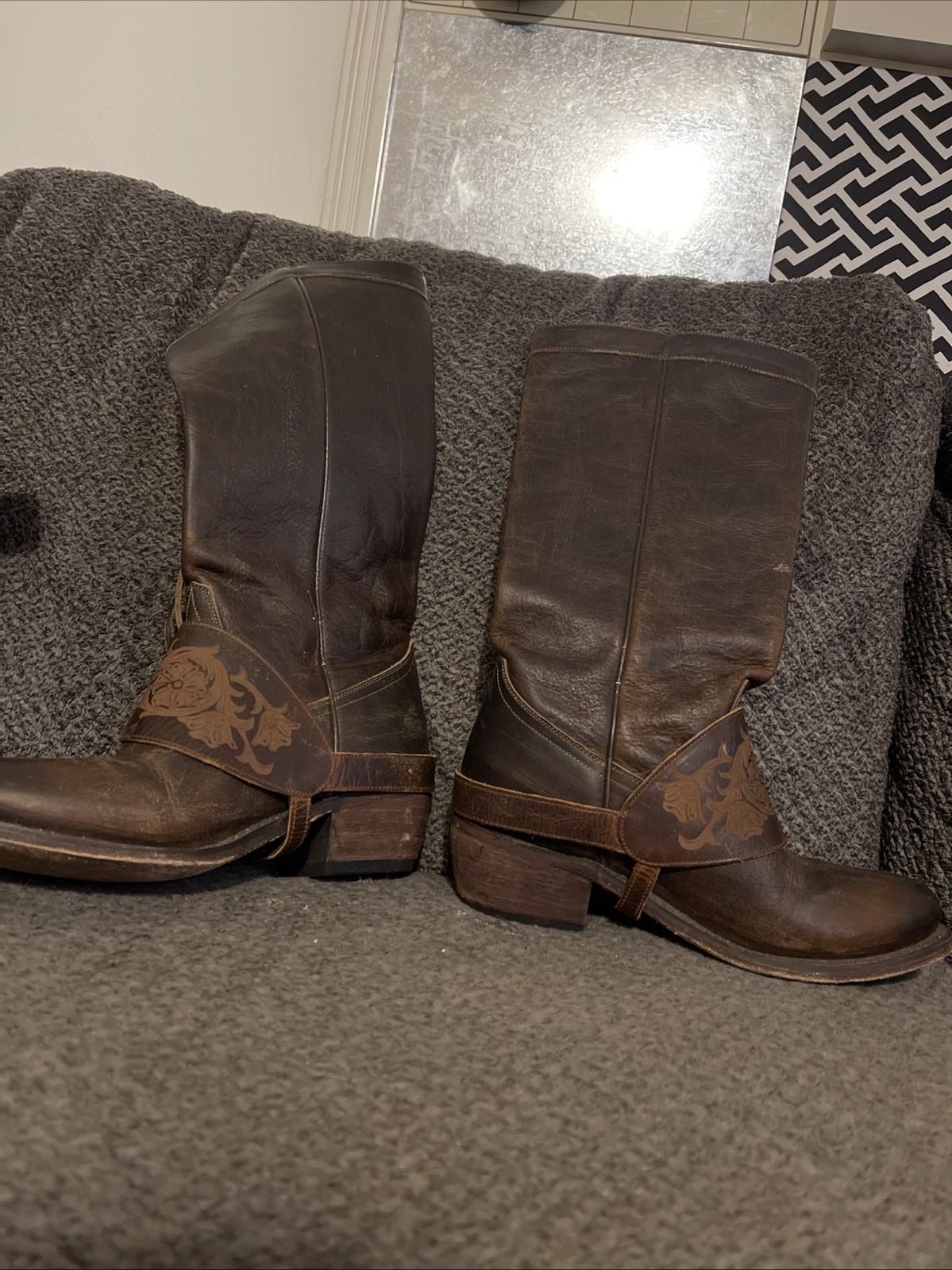 Junk Gypsy By Lane Knee High Cowboy Boots Size 7.5 Tan Leather Side Fringe