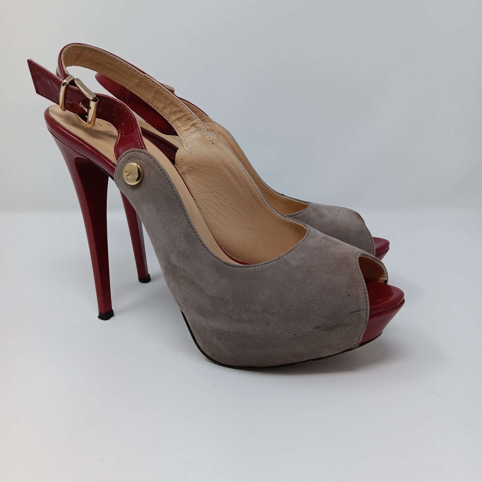 Mario Muzi Suede Red Patent Platform Slingback Peep Toe 5in Heels EU 40 US 9 9.5