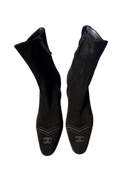 Chanel Vintage Logo Black Suede Embroidered Boots Size 6 EU 36