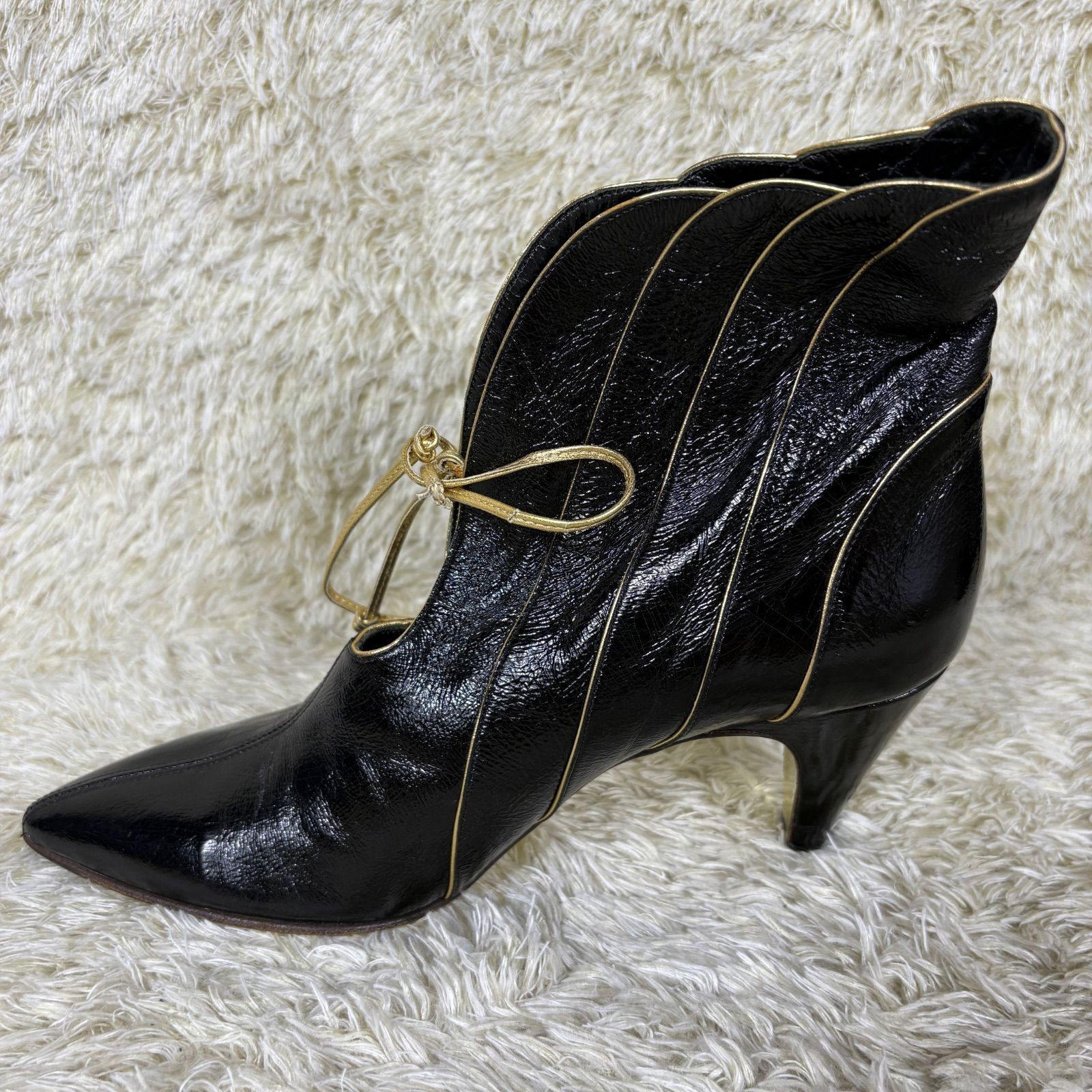 Emilio Pucci Booties Patent Leather Black Bow Pointed Toe EU36.5