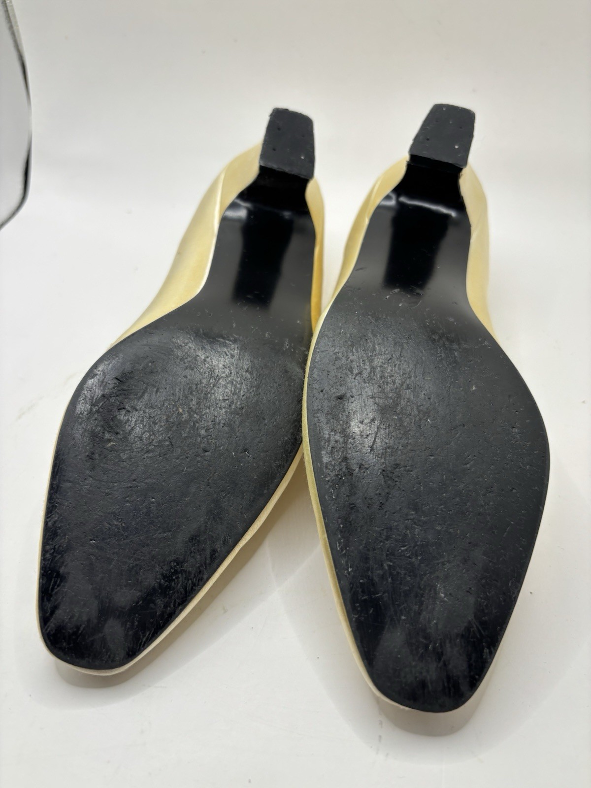 Ivory Satin Fancy Wedding Dyeables Size 7 Low 1.25″ Heels Worn Once