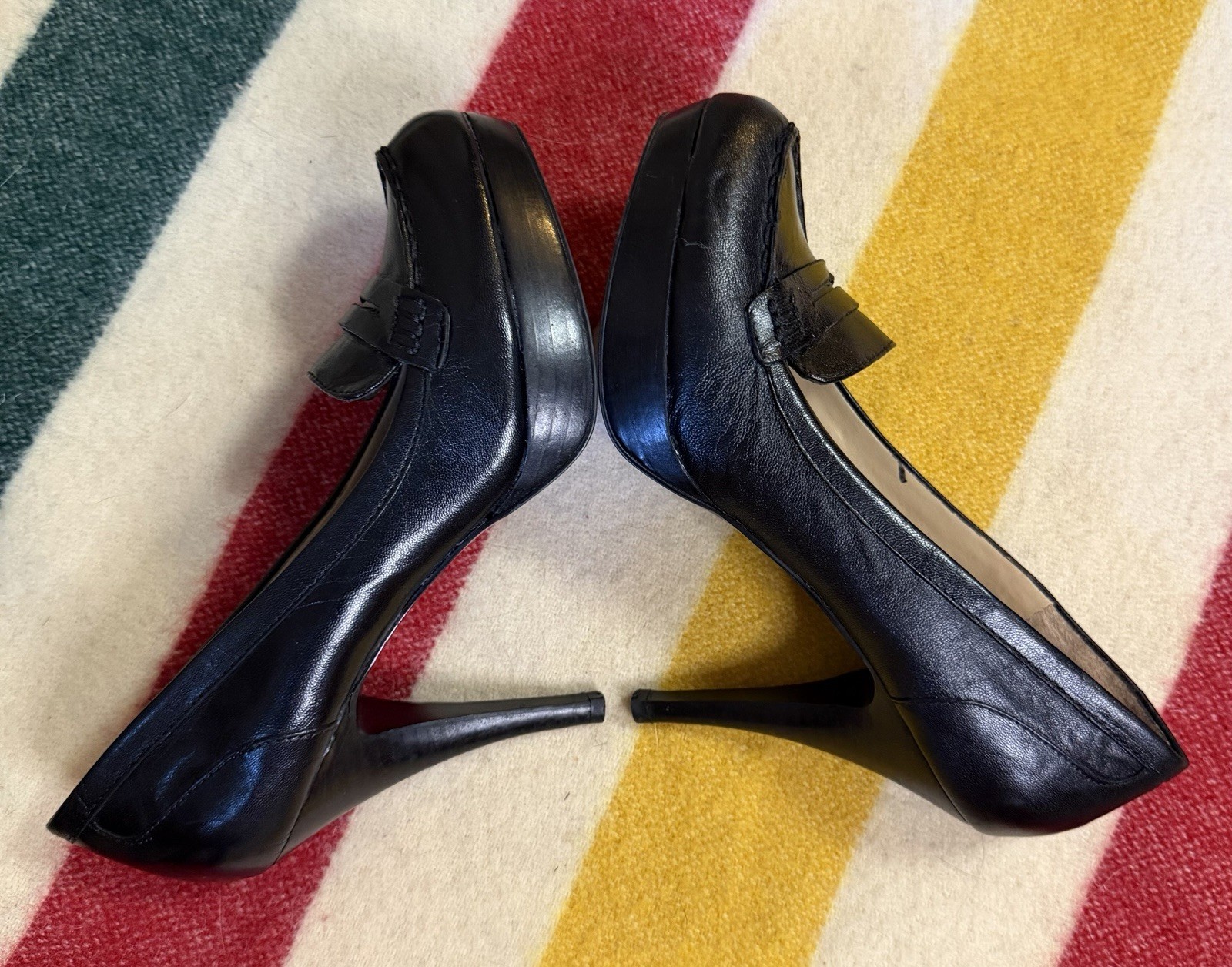 Nine West Black Leather Penny Loafer Stiletto Heel Pumps Size 7