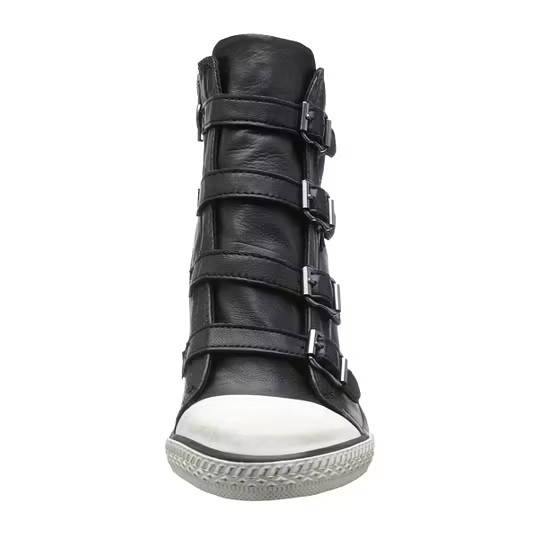 FSJ Custom Black Multi Buckle Wedge Sneaker Boots Round Toe Women