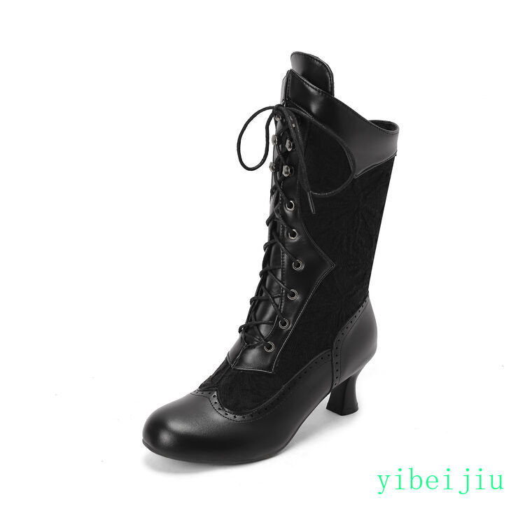 Women’s Mid Calf Kitten Heel Ankle Boots Lace Up Leather Shoes Leather Vintage