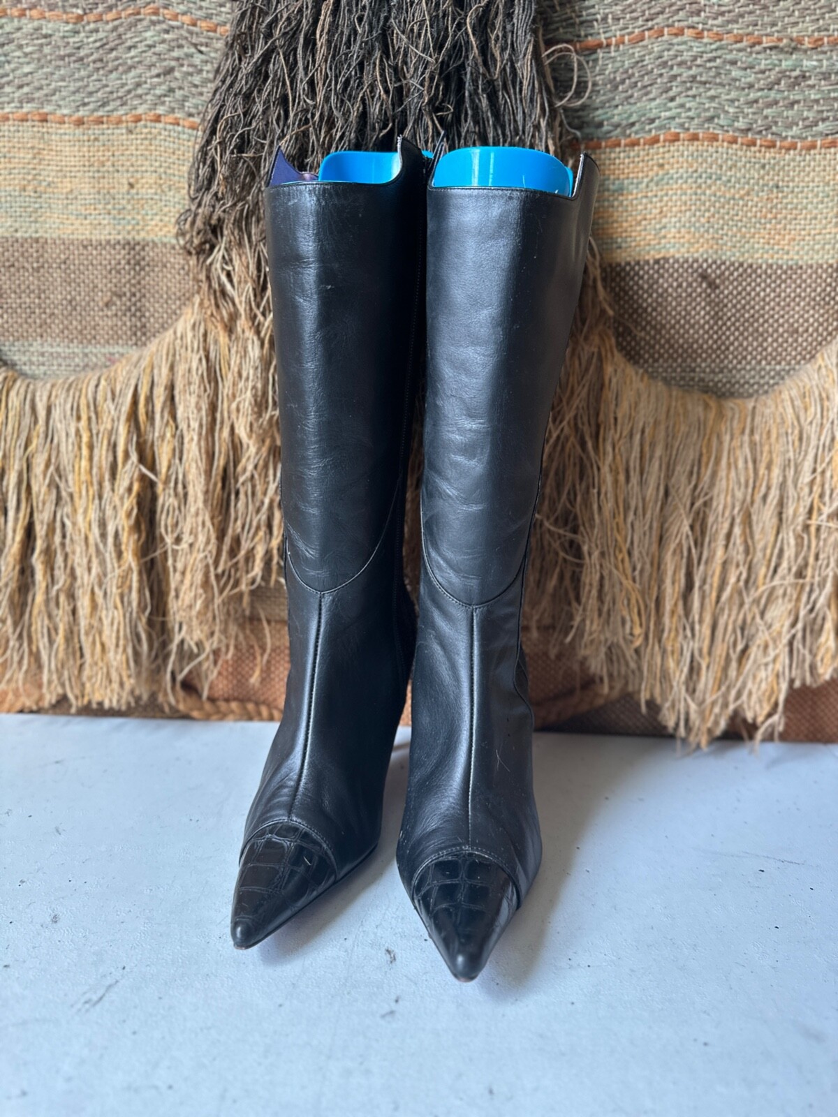 Suzanne Somers Womens Boots Leather NEW Black Croc Embossed Knee High 7M