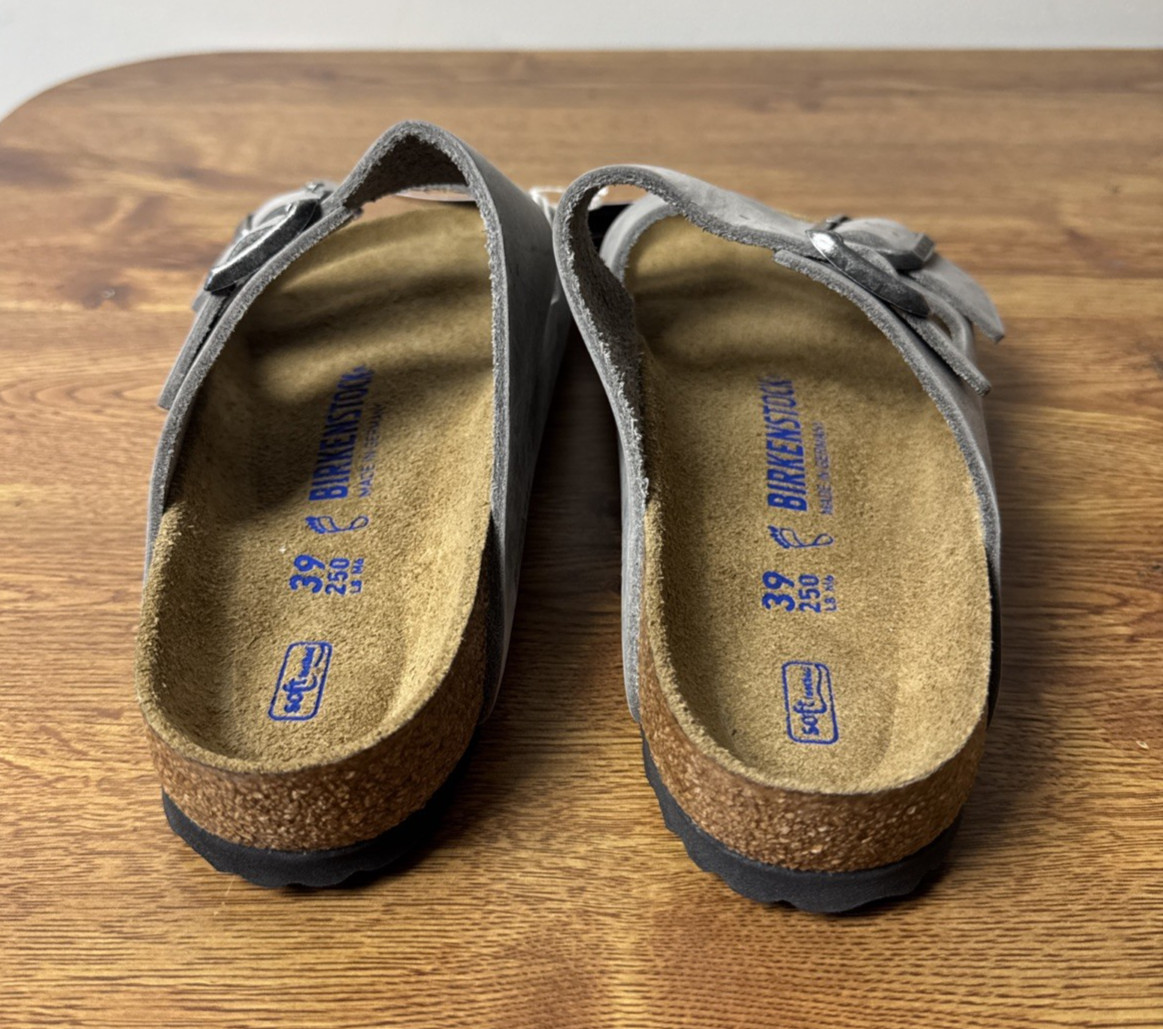 Birkenstock Sandals Unisex Arizona Iron Oiled Leather Slides Soft Footbed M6 W8