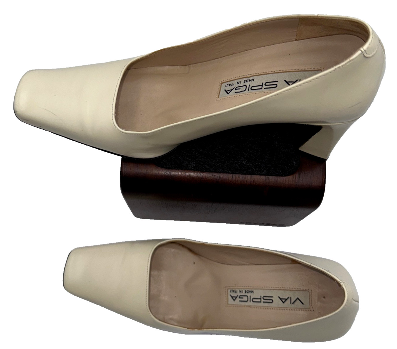 Via Spiga Women’s Ivory Leather Heels 5.5M Square Toe Block Heel