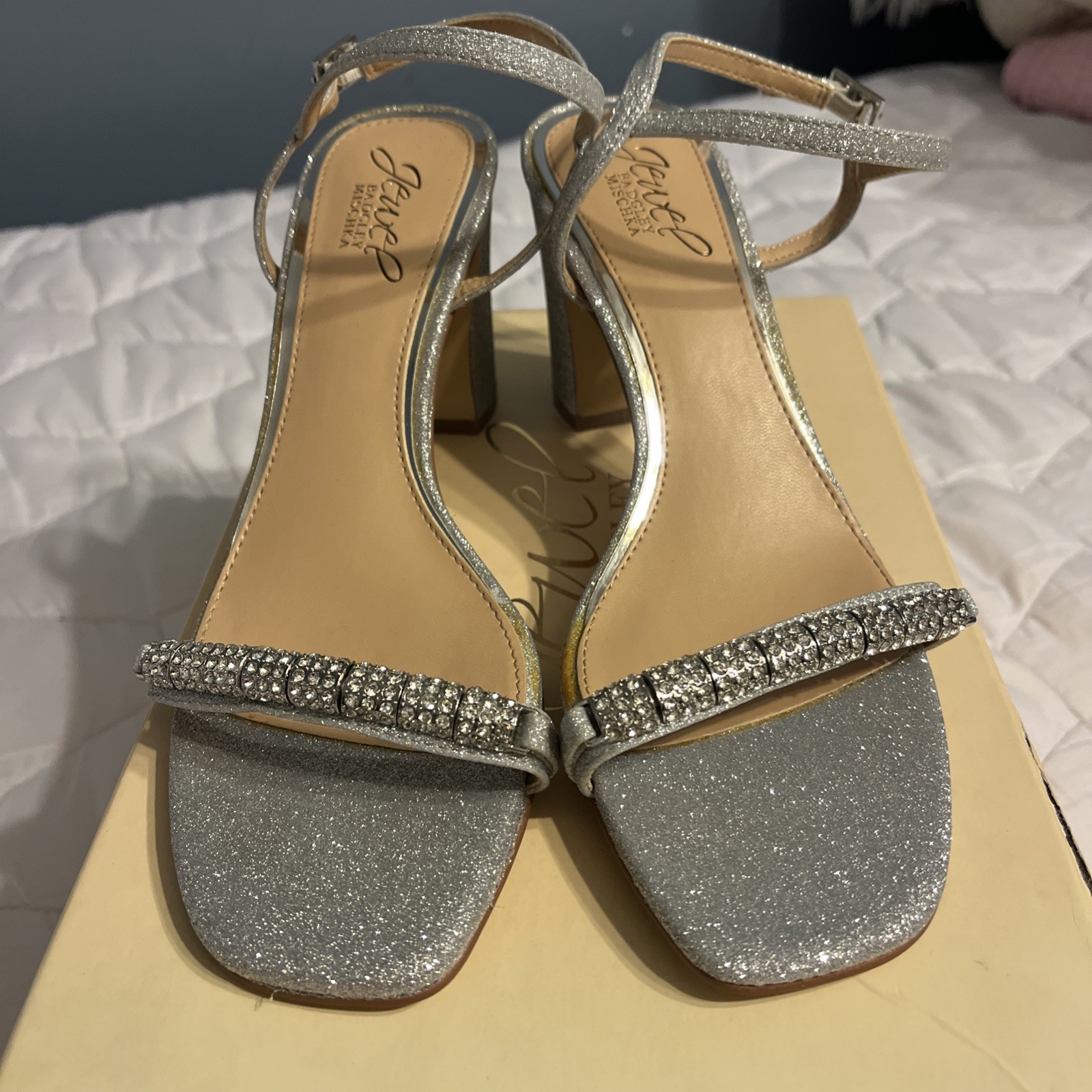 JEWEL BADGLEY MISCHKA Women’s Charlee Embellished Glitter Block Heel Sandals