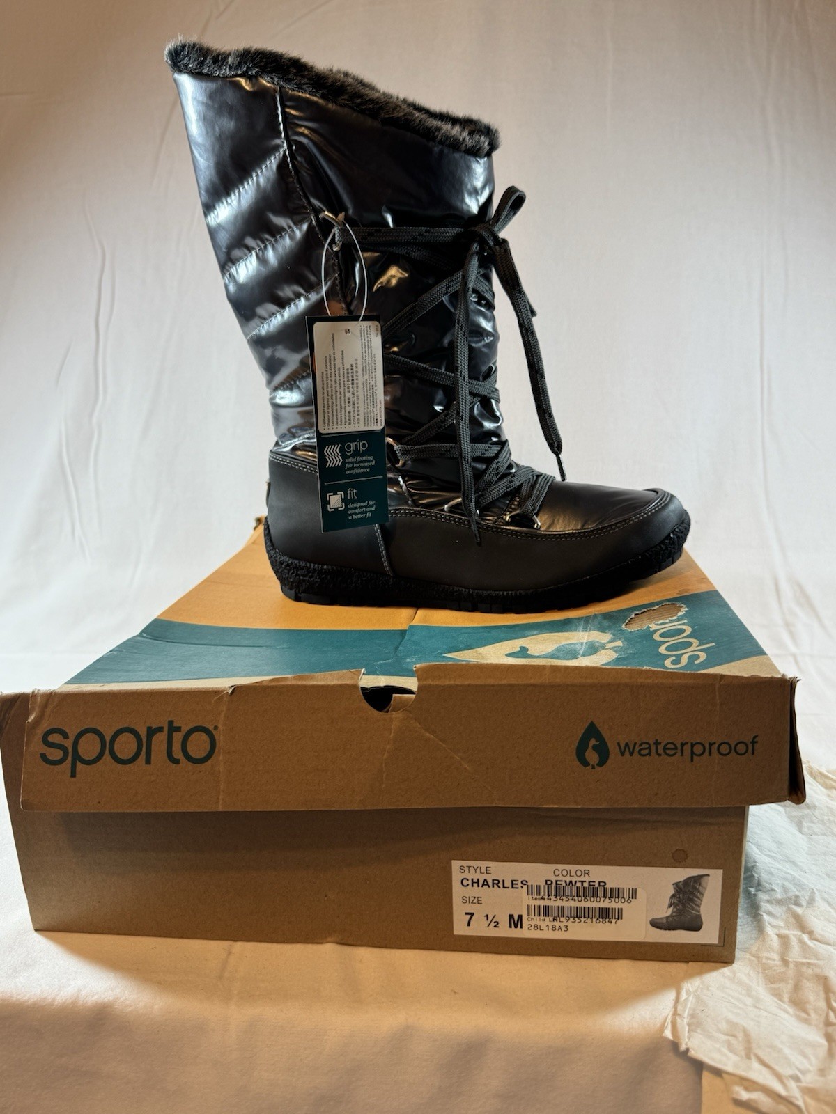 Sporto Charlie Waterproof Lace-Up Winter Boots Black Faux Fur Trim Women 7.5 M