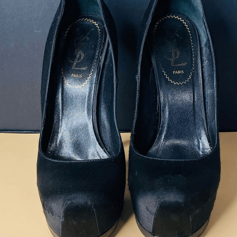 Yves Saint Laurent Black Satin Tribtoo 80 Heels Size 36.5