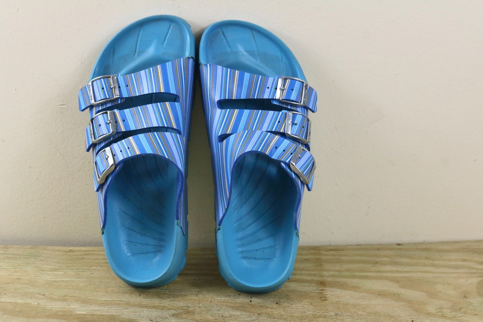 Birkenstock Birki Sandals Womens 10 Blue Striped Sansibar 3 Buckle Shoes