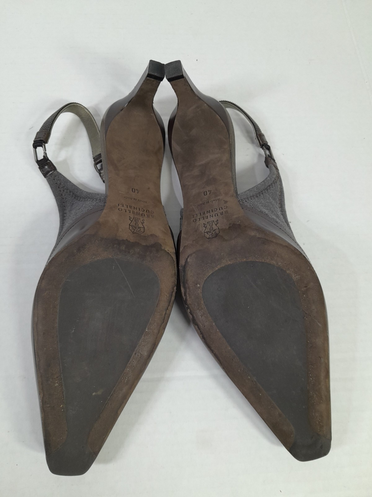 Brunello CucinelliLeather Beaded Accent Slingback Heel Women 10 (40) Brown Gray