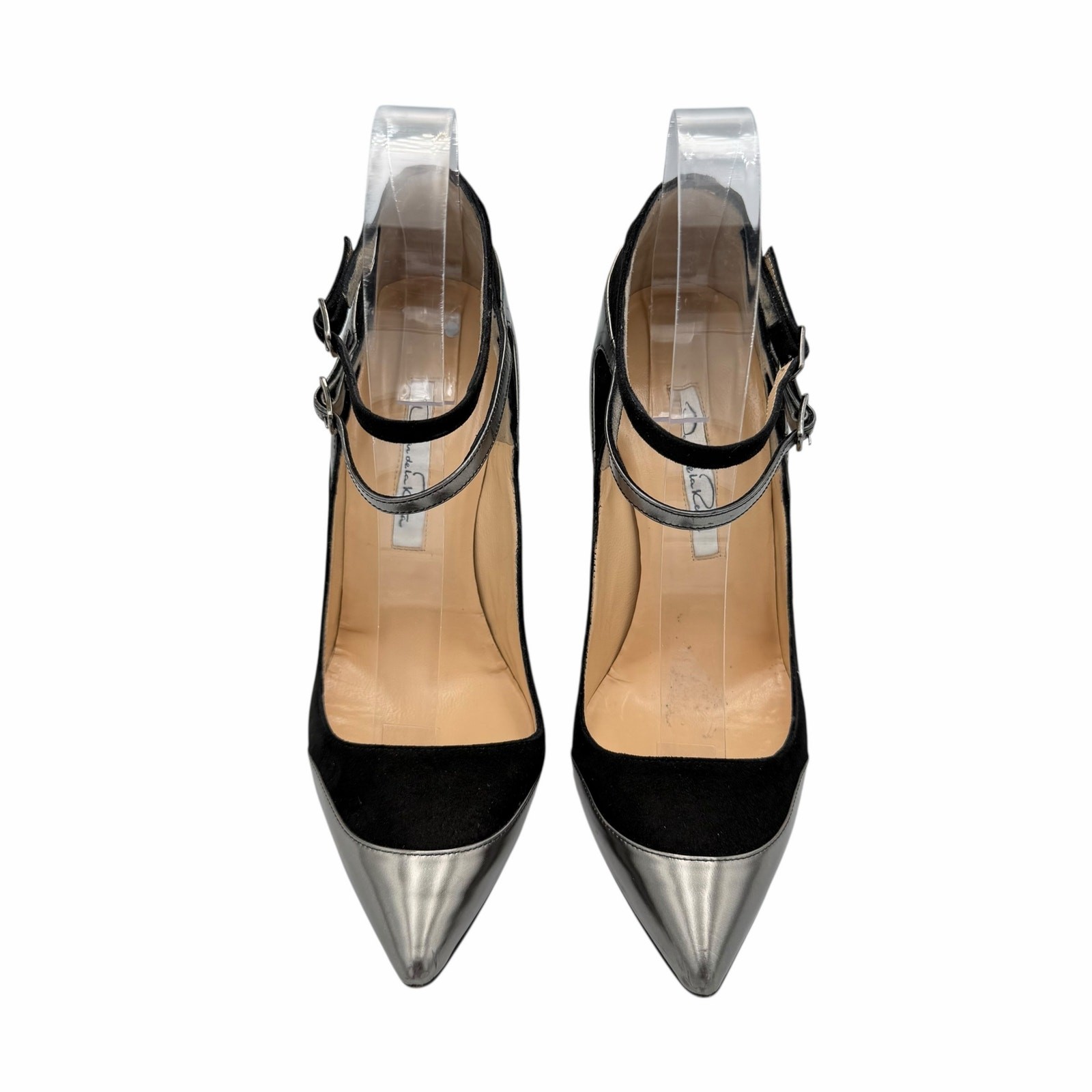 Oscar de la Renta US6 Black Suede Metallic Colorblock Pattern D’Orsay Pumps