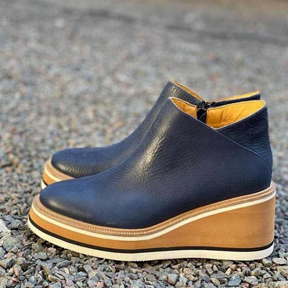 Women’s Ladies PU Leather High Mid Heel Wedge Work Ankle Boots Size UK2.5-8.5