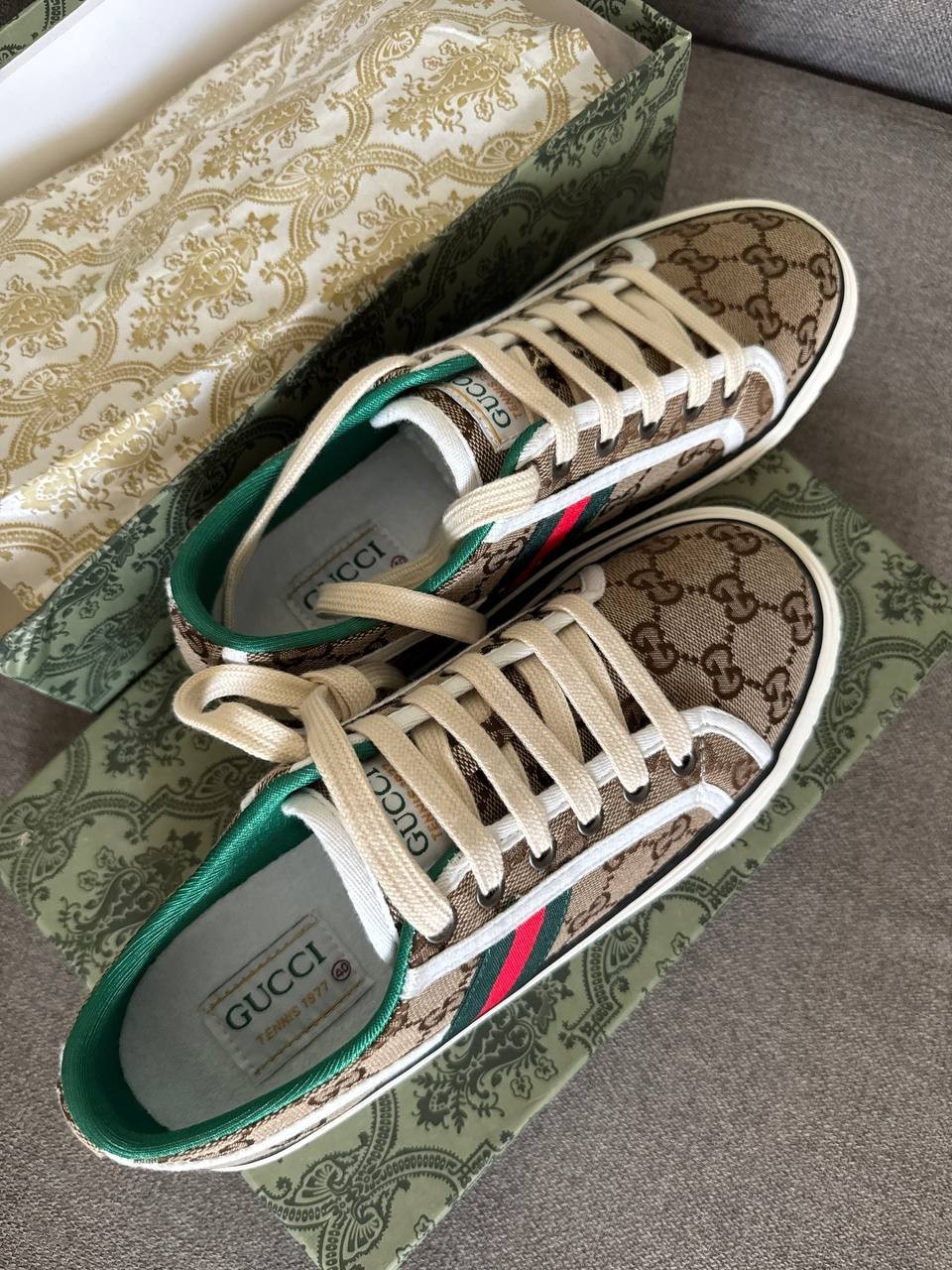 Gucci GG Canvas Low Top Sneakers Beige Monogram Web Stripe Shoes EU 36 US Women’