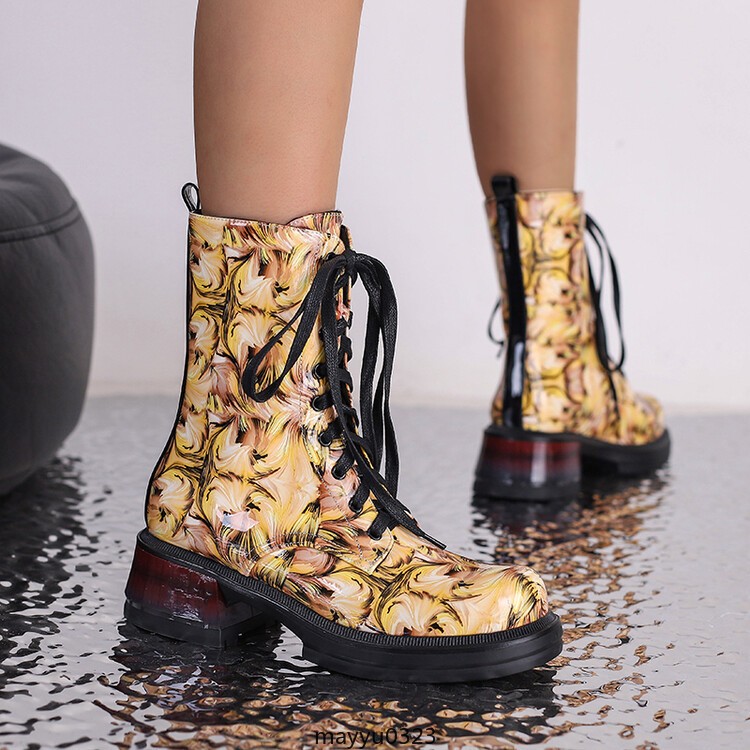 Women’s Mid Cuban Heel Ankle Boots Knight Printed Casual Lace Up Winter Shoes
