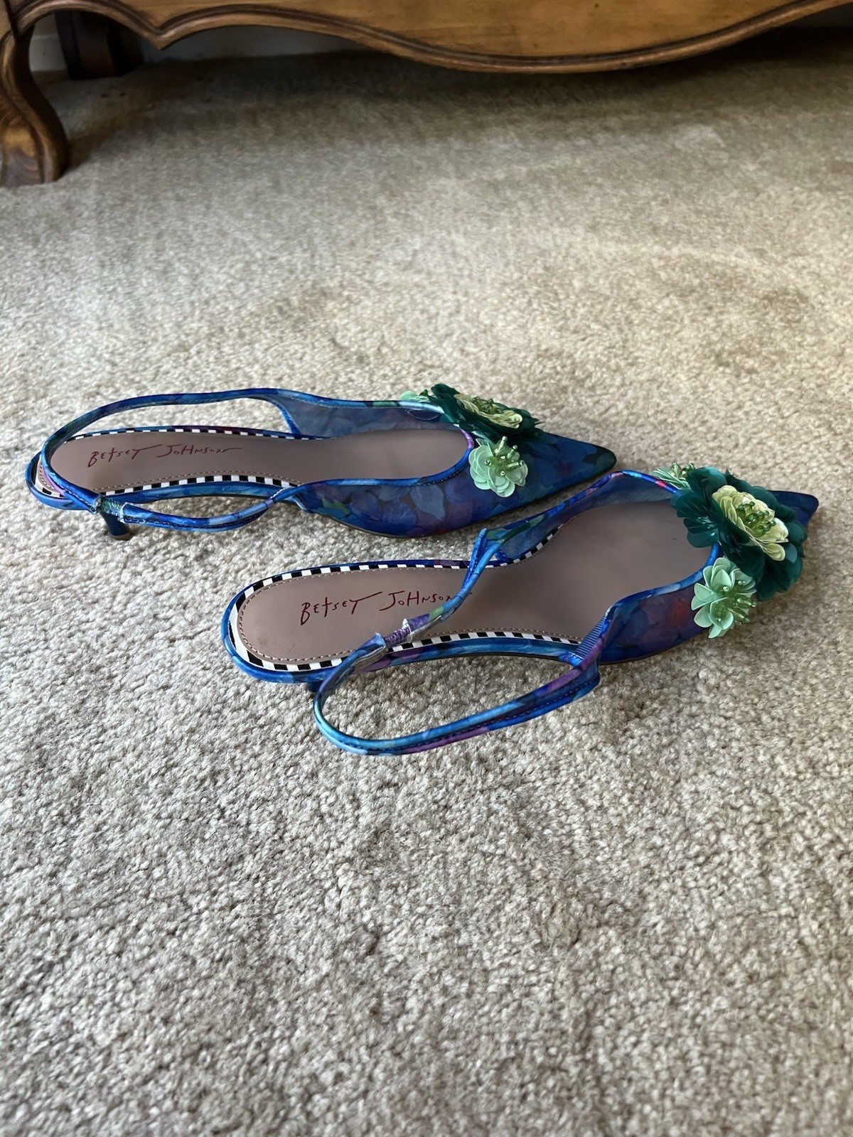 Betsey Johnson Blue Green Floral Pointed Toe Slingback Heels Women 9 Pre-Owned