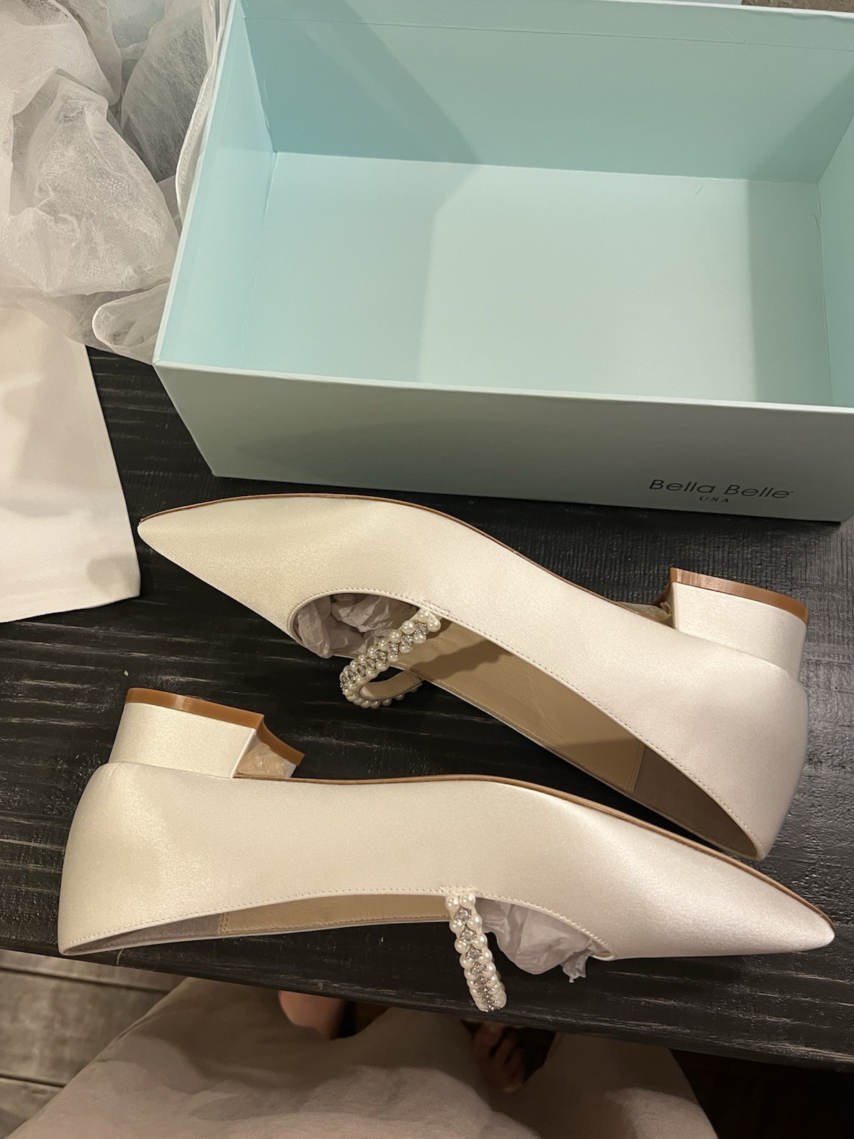 Bella Belle Ivory Satin Pointed Toe Pearl Strap Wedding Shoes Women US 9