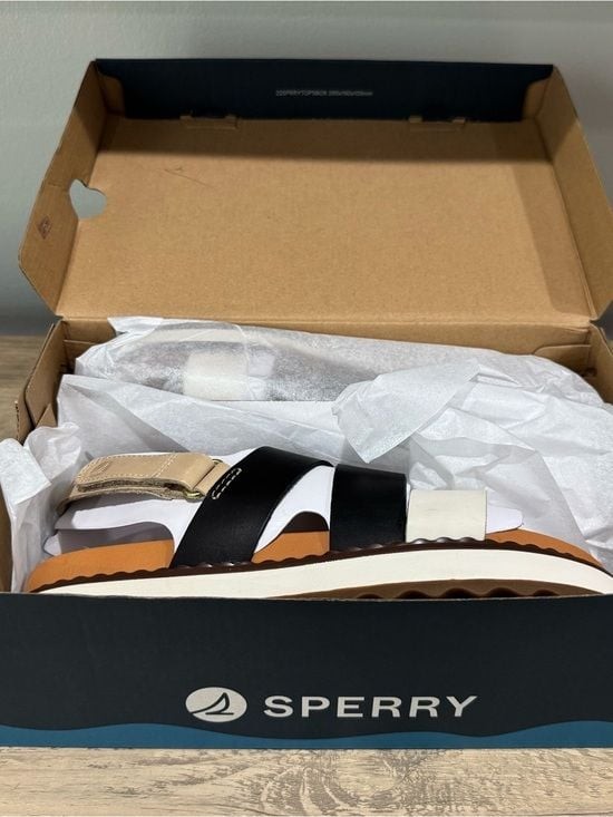 Sperry Black, White & Tan Platform Slingback Sandal