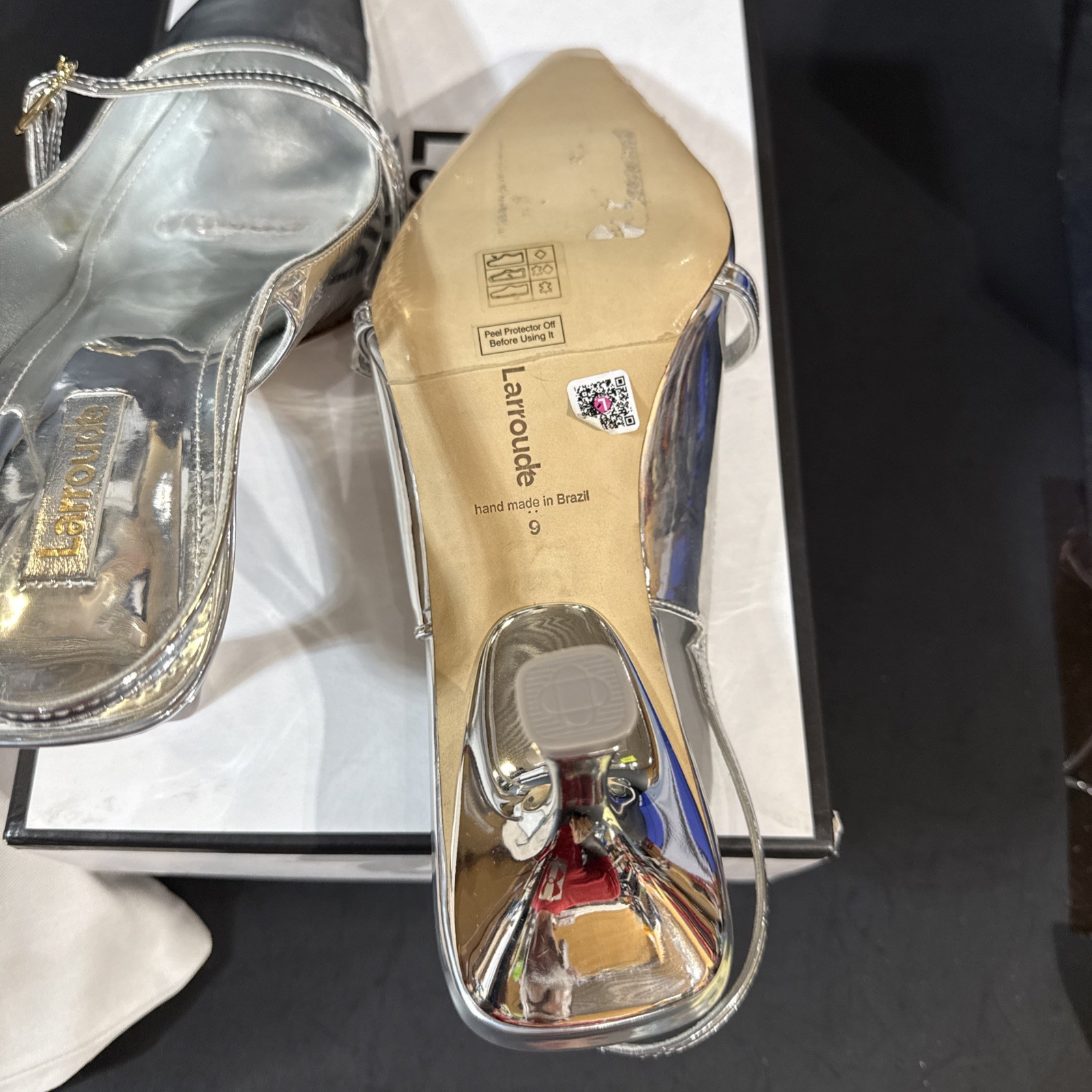Larroudé Womens Ines Pump In Silver Specchio Pointy Toe Slingback Heel Sz 9 NIB
