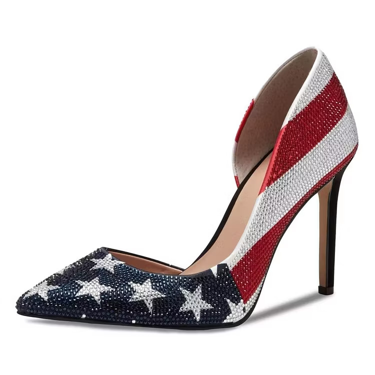 Red and Navy USA Flag All-Over Rhinestone Pointed Toe Pumps Heels FSJ202508052-3