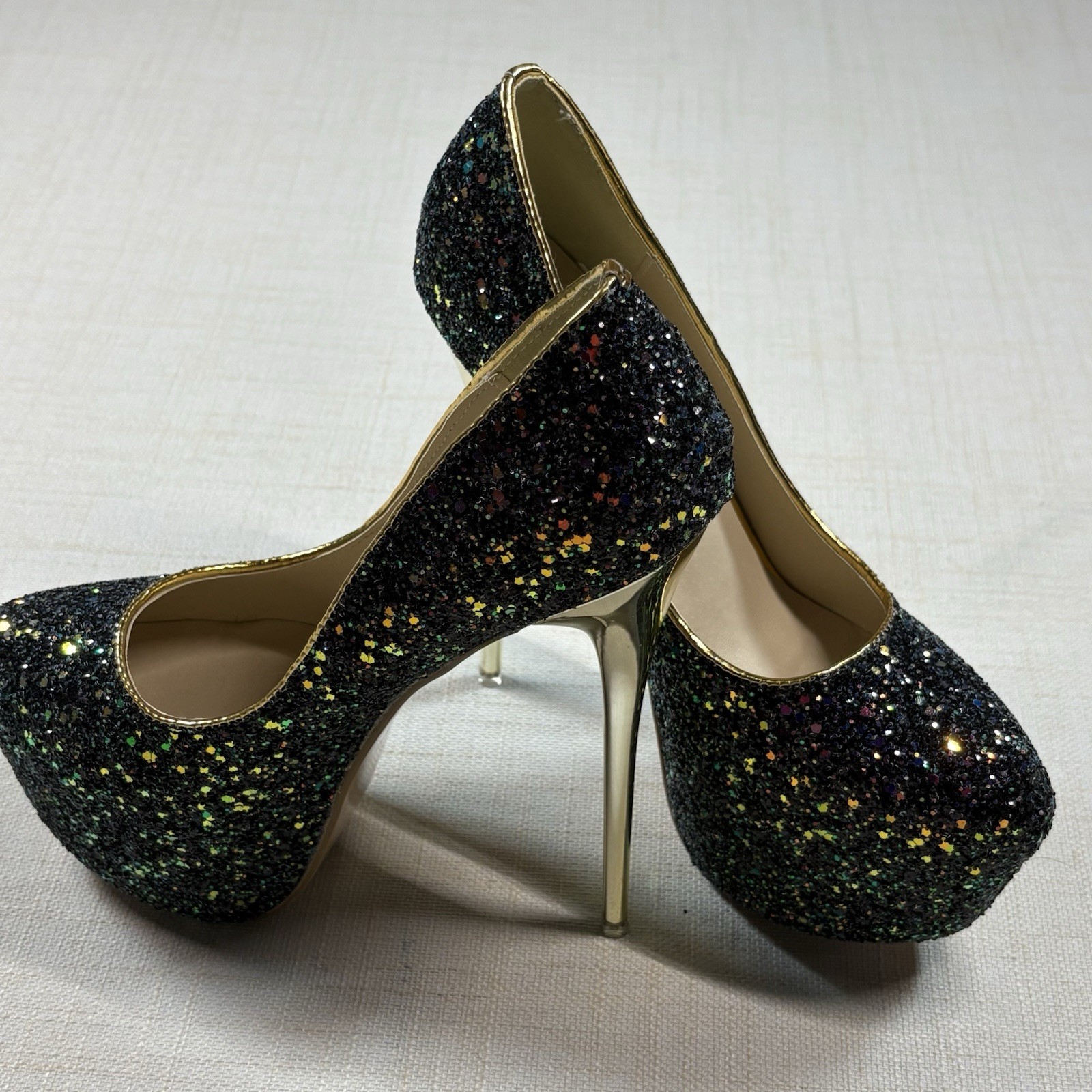 Black Glitter Platform Stiletto Heels Size 40 Gold High Heel Party Pumps