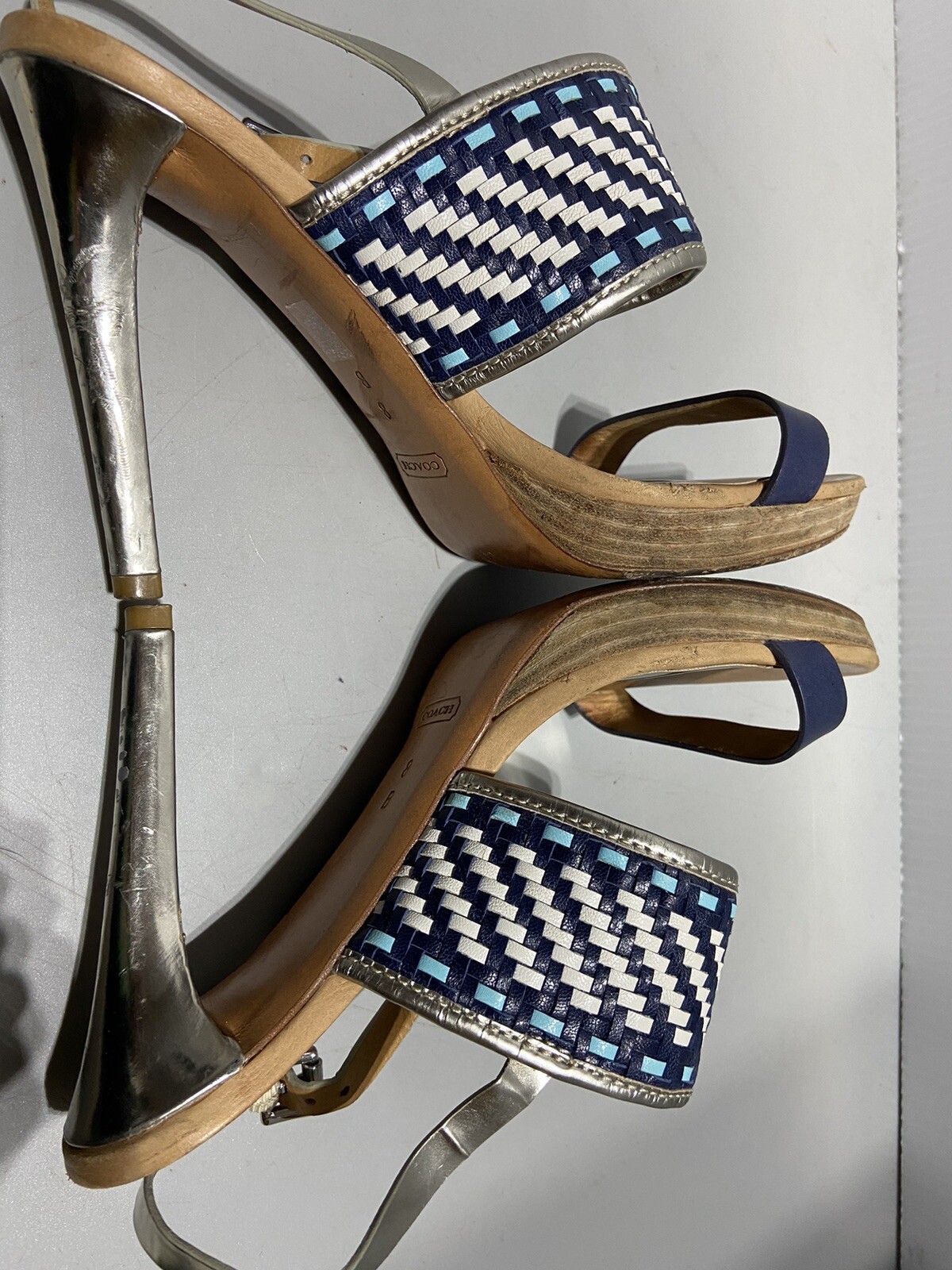 COACH Steffi Heels Pumps Slingback Shoes Blue Tan Silver Women’s Size 8B Q1861