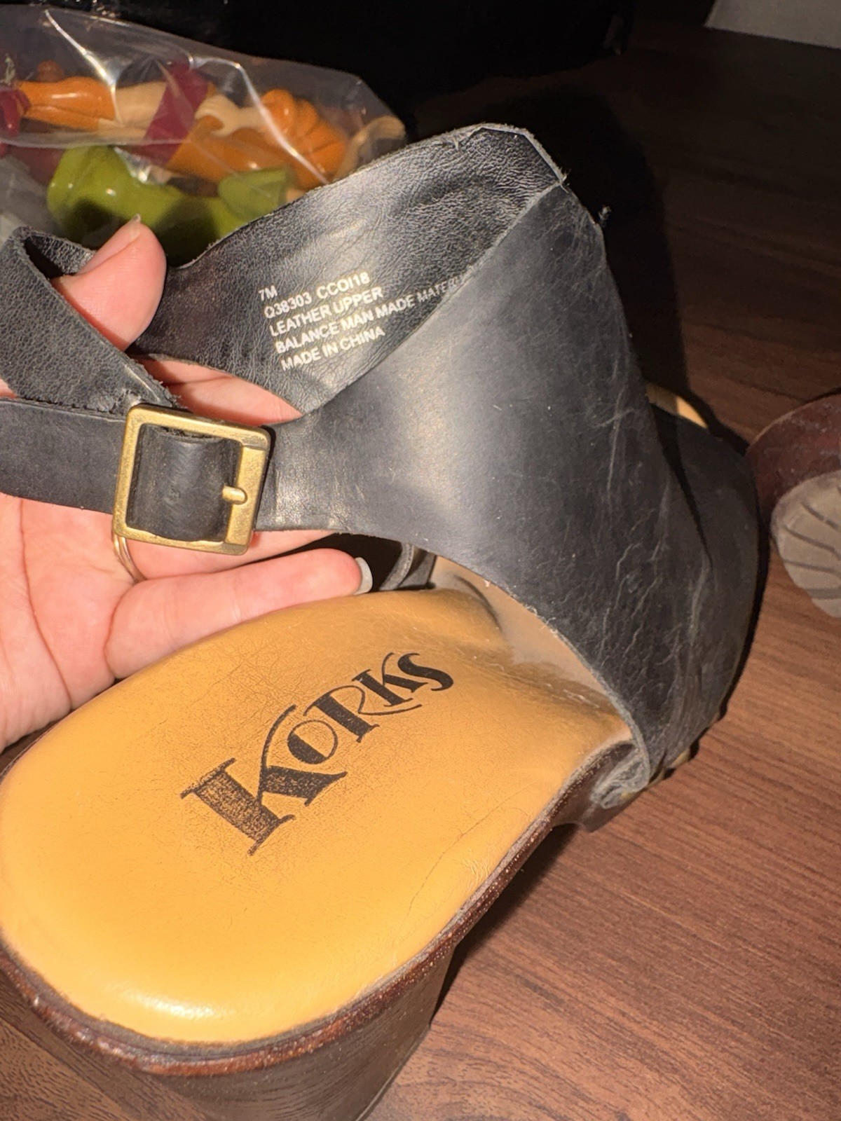 Korks Black Leather Slingback Sandals Studded Buckle Open Toe US 7